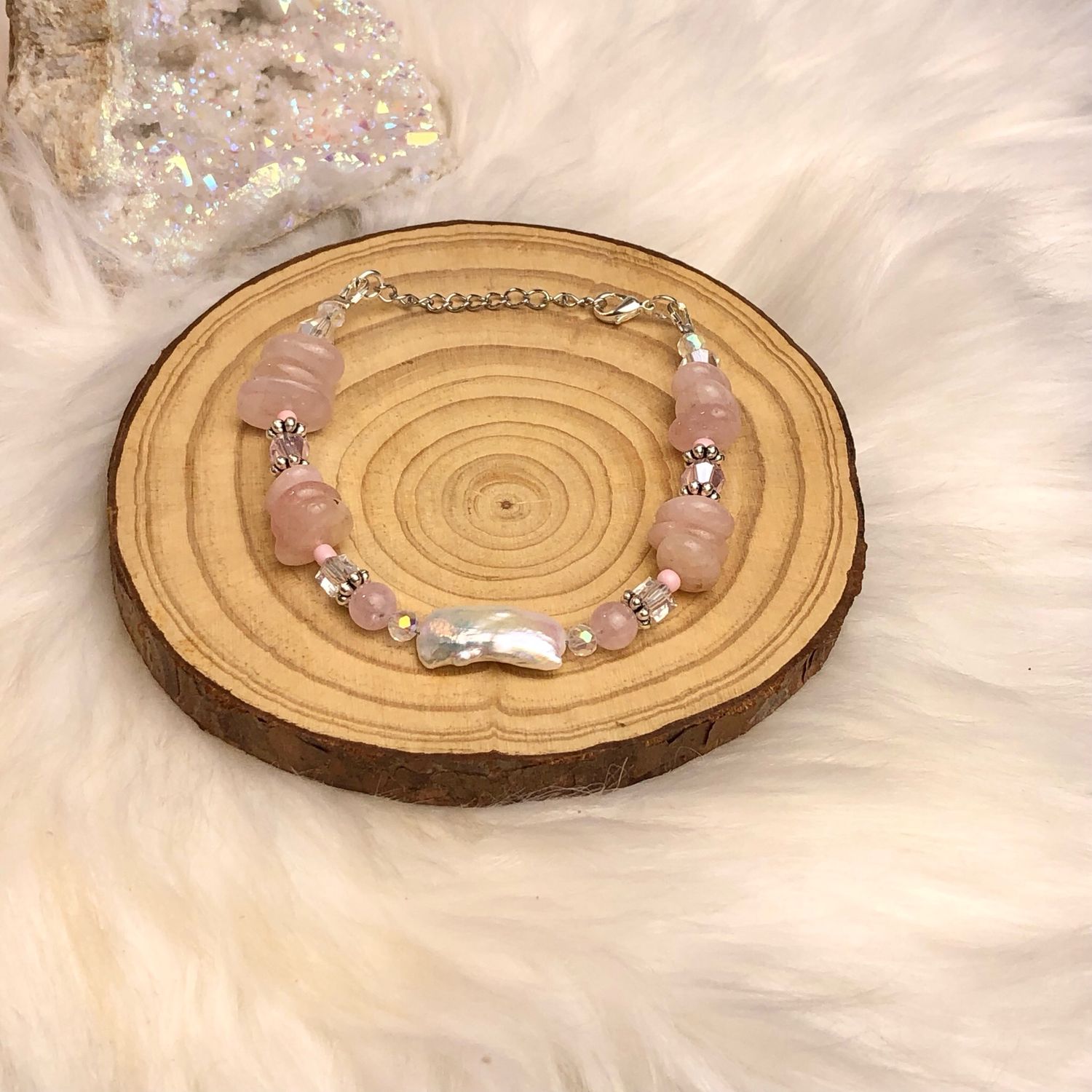 PINK MORGONITE WITH BIWA PEARL - Gemstone Adjustable Bracelet - Silver Plated