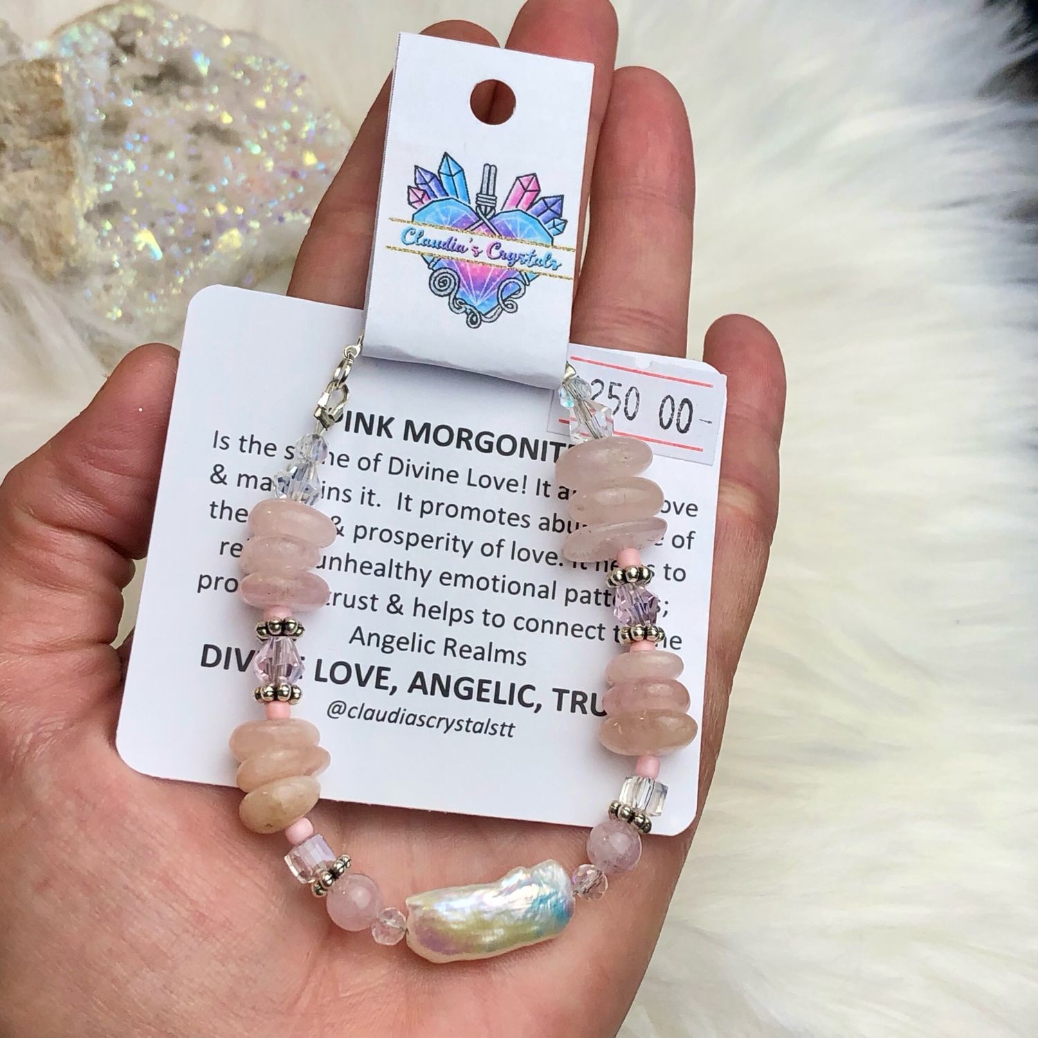 PINK MORGONITE WITH BIWA PEARL - Gemstone Adjustable Bracelet - Silver Plated