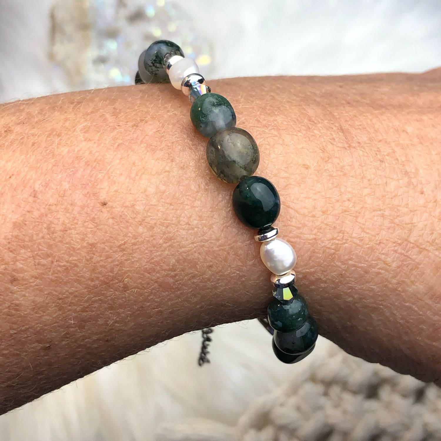 MOSS AGATE - Gemstone Adjustable Bracelet - Silver Plated