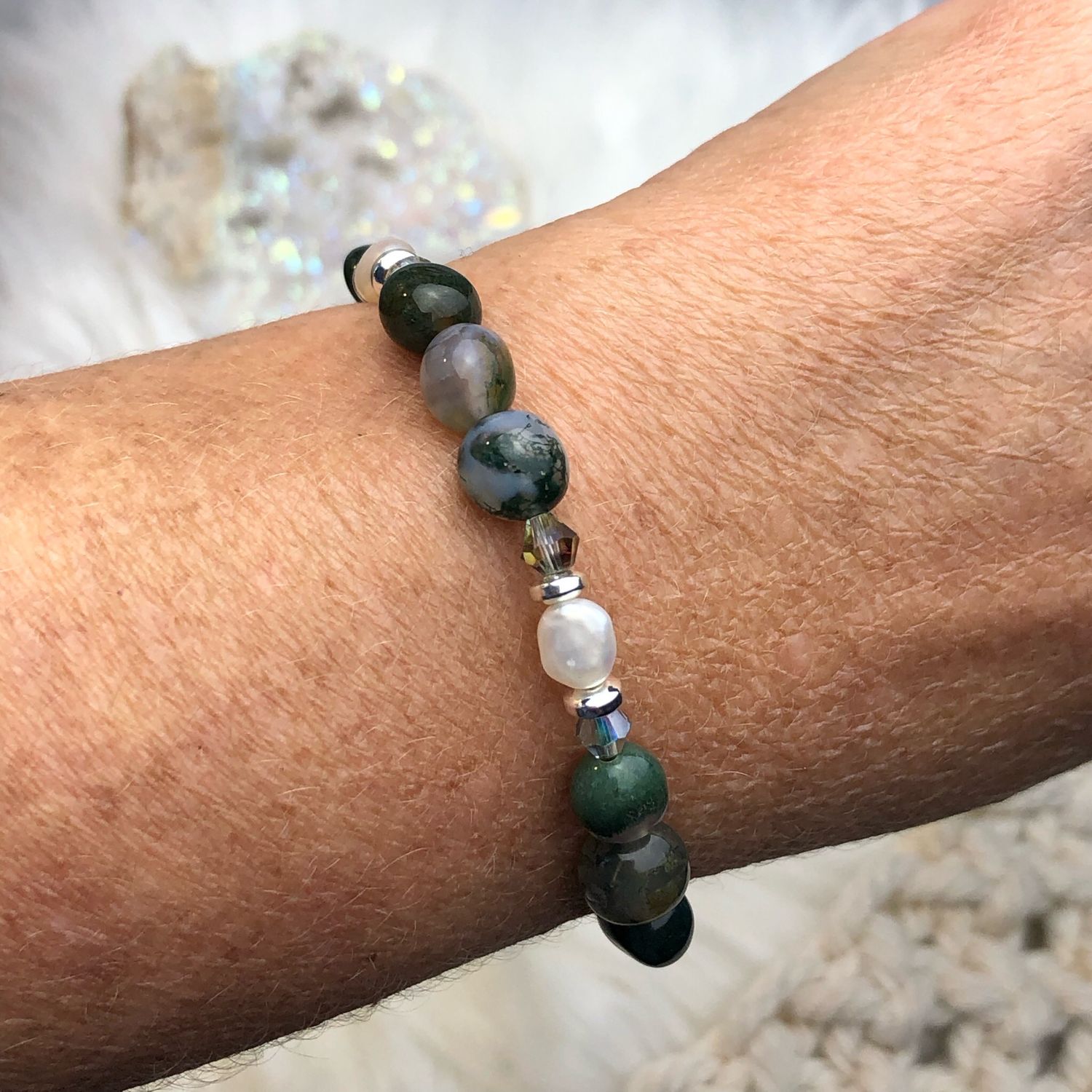 MOSS AGATE - Gemstone Adjustable Bracelet - Silver Plated