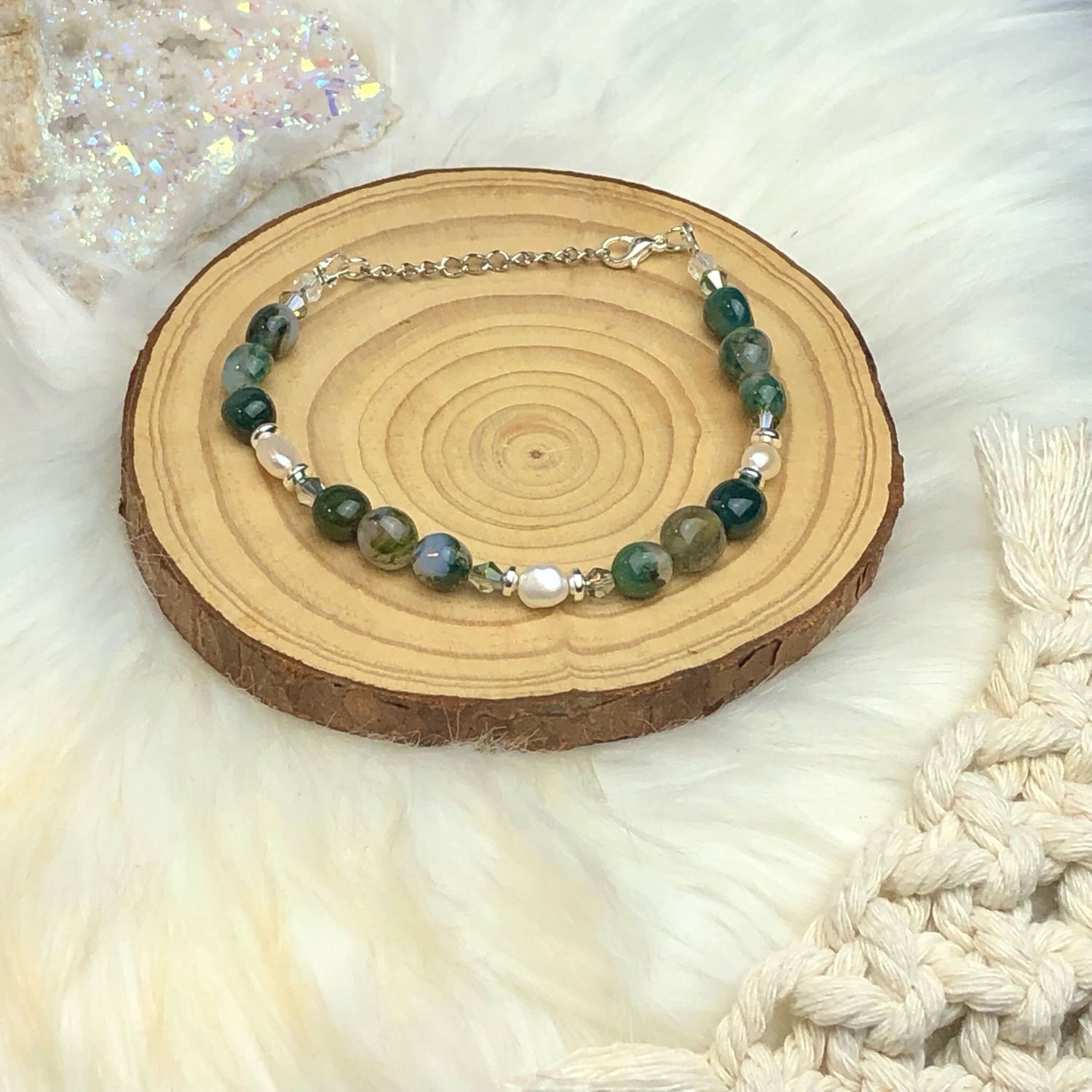 MOSS AGATE - Gemstone Adjustable Bracelet - Silver Plated