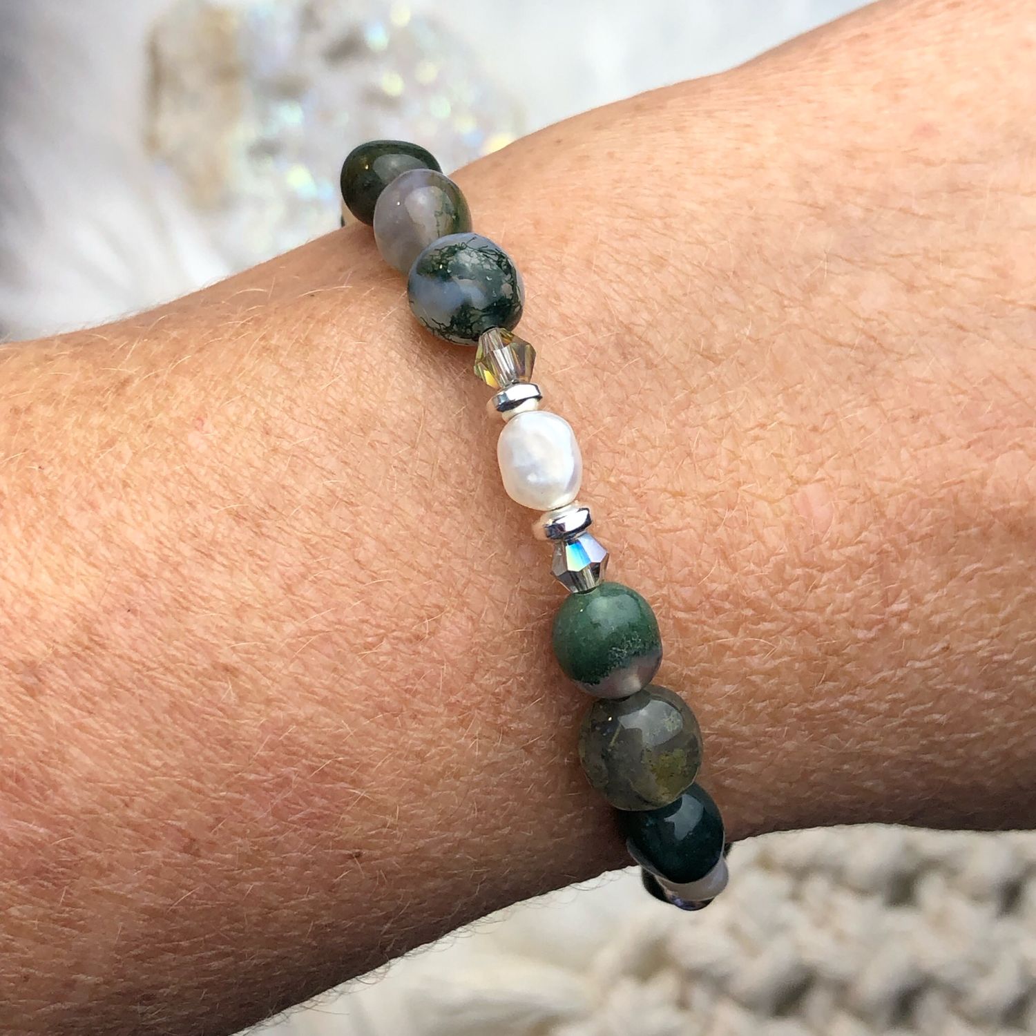MOSS AGATE - Gemstone Adjustable Bracelet - Silver Plated