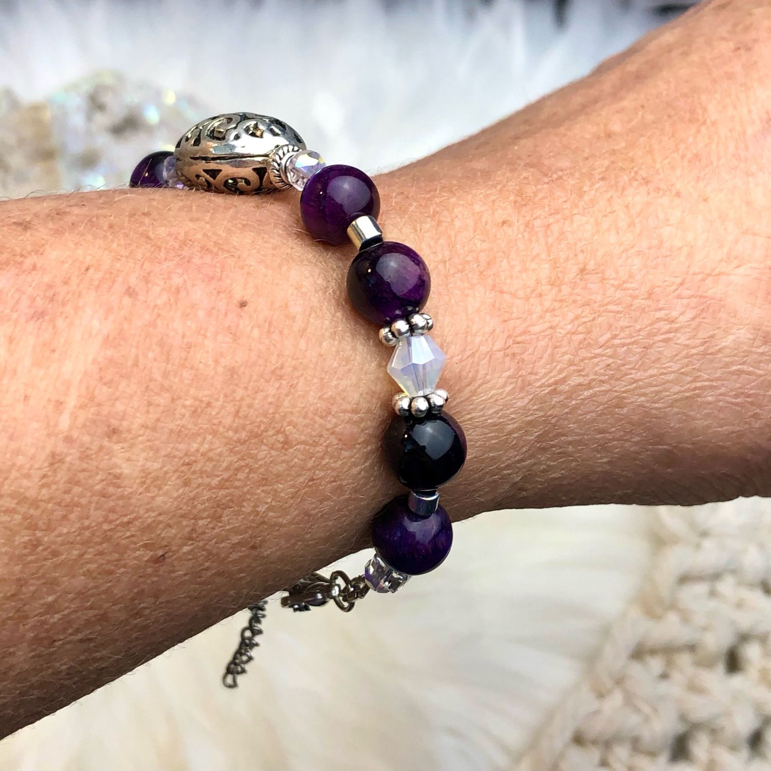 PURPLE TIGERS EYE (dyed) - Gemstone Adjustable Bracelet - Silver Plated