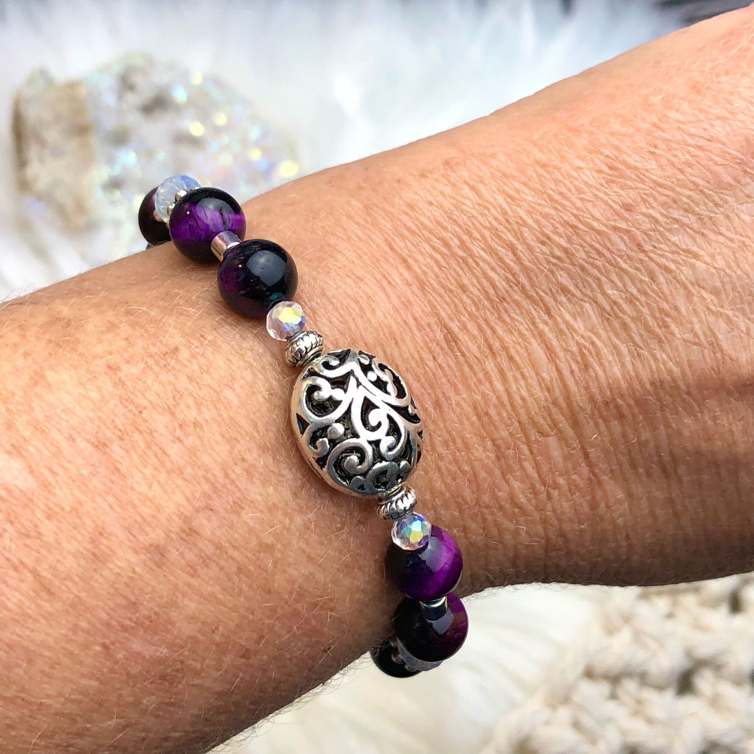 PURPLE TIGERS EYE (dyed) - Gemstone Adjustable Bracelet - Silver Plated