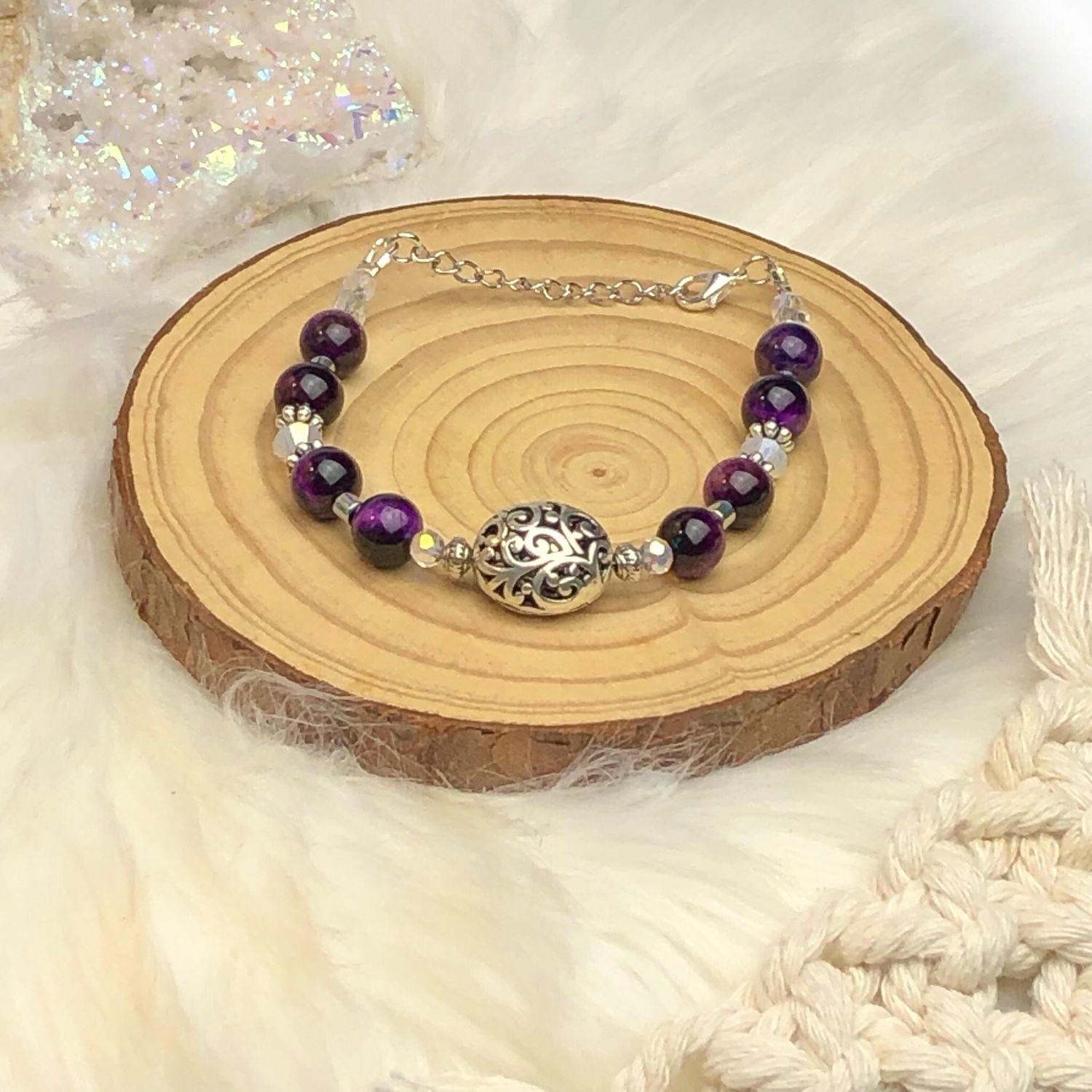 PURPLE TIGERS EYE (dyed) - Gemstone Adjustable Bracelet - Silver Plated