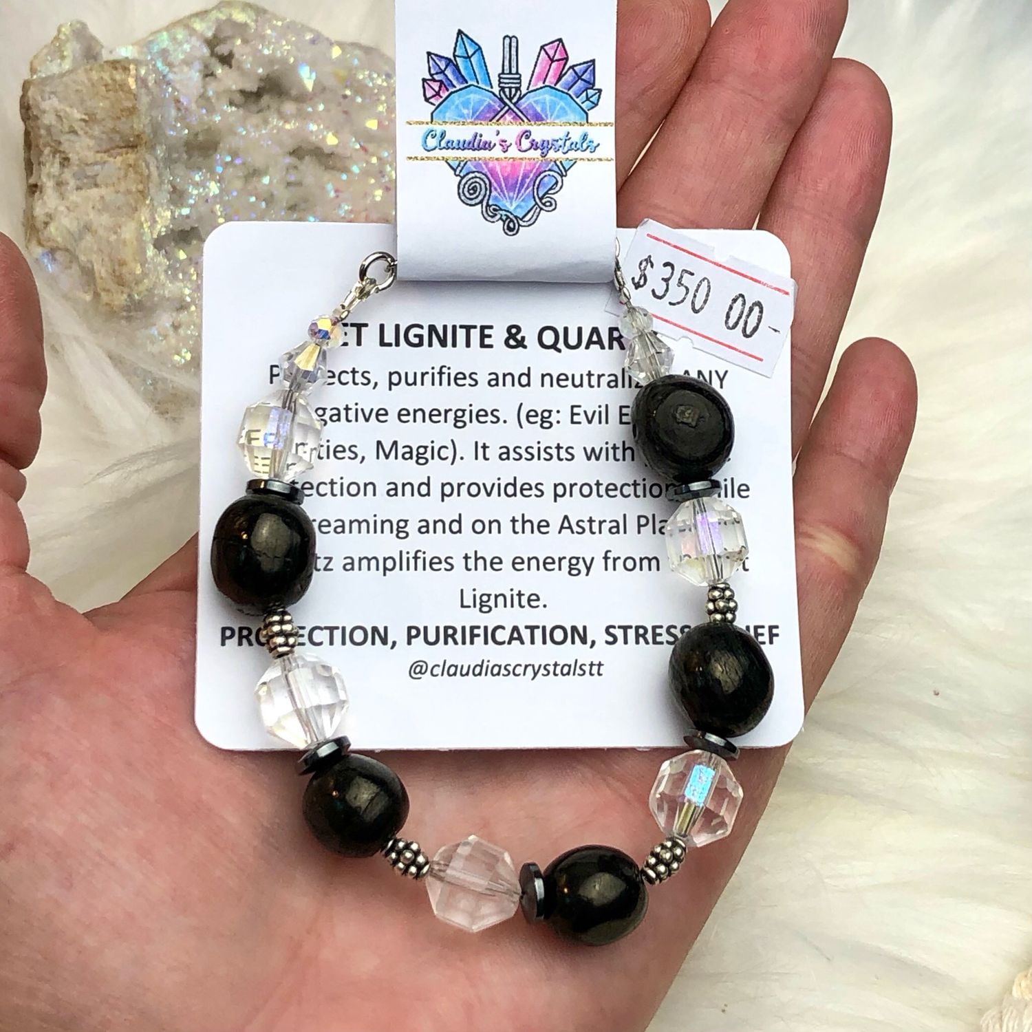JET LIGNITE &amp; CLEAR QUARTZ - Silver Plated - Adjustable Gemstone Crystal Therapy Bracelet