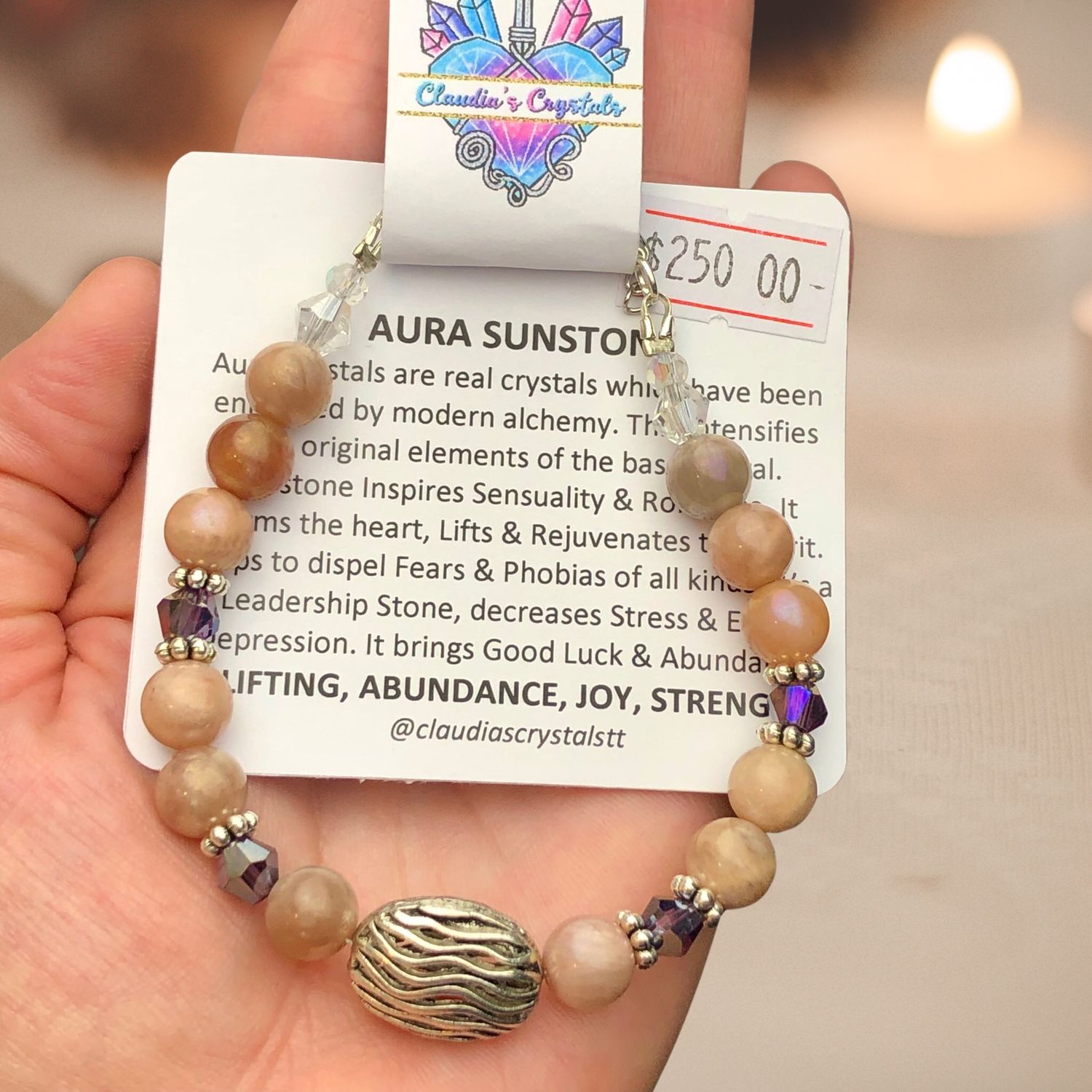 AURA SUNSTONE - Gemstone Adjustable Bracelet - Silver Plated