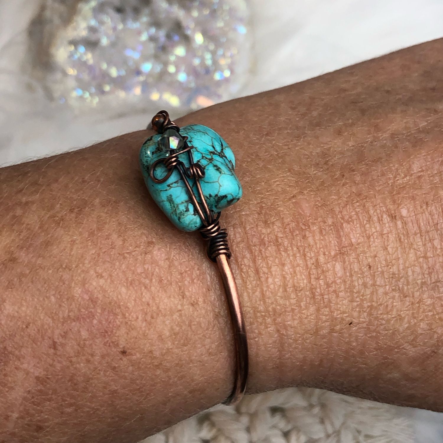 BLUE HOWLITE - Gemstone Adjustable Copper Bangle