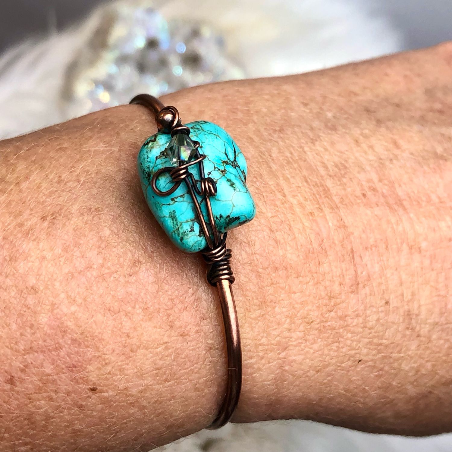 BLUE HOWLITE - Gemstone Adjustable Copper Bangle