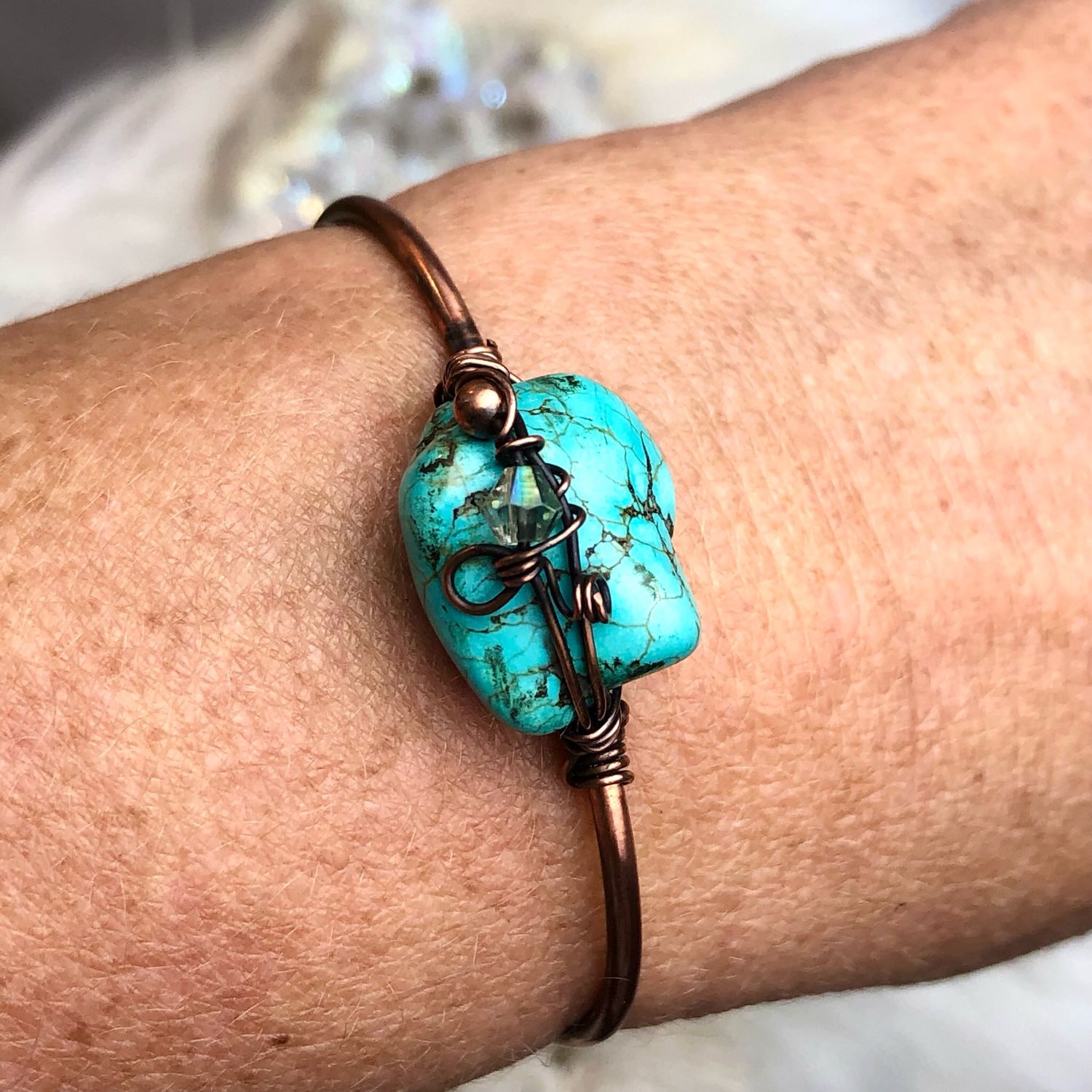 BLUE HOWLITE - Gemstone Adjustable Copper Bangle