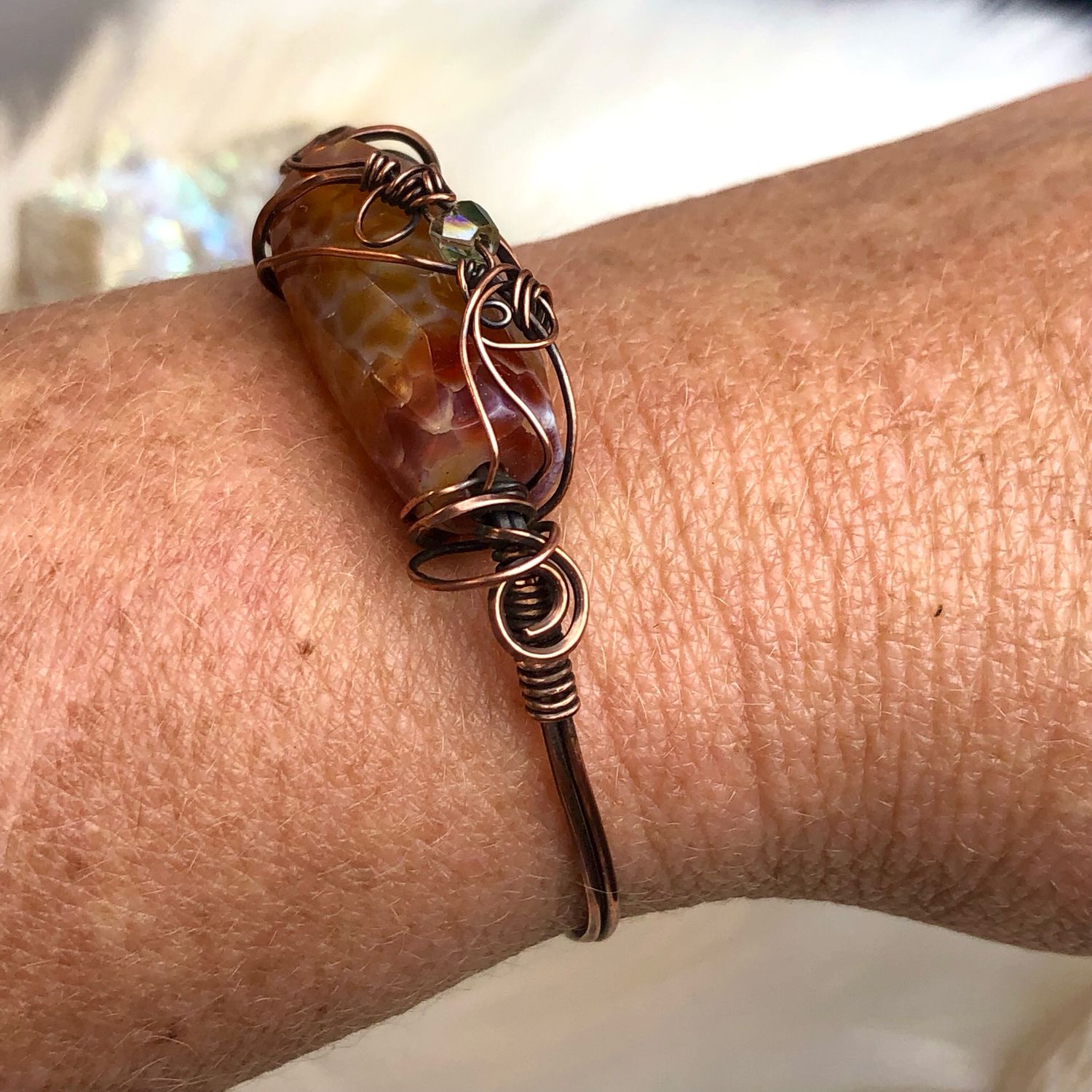 FIRE AGATE - Gemstone Adjustable Copper Bangle