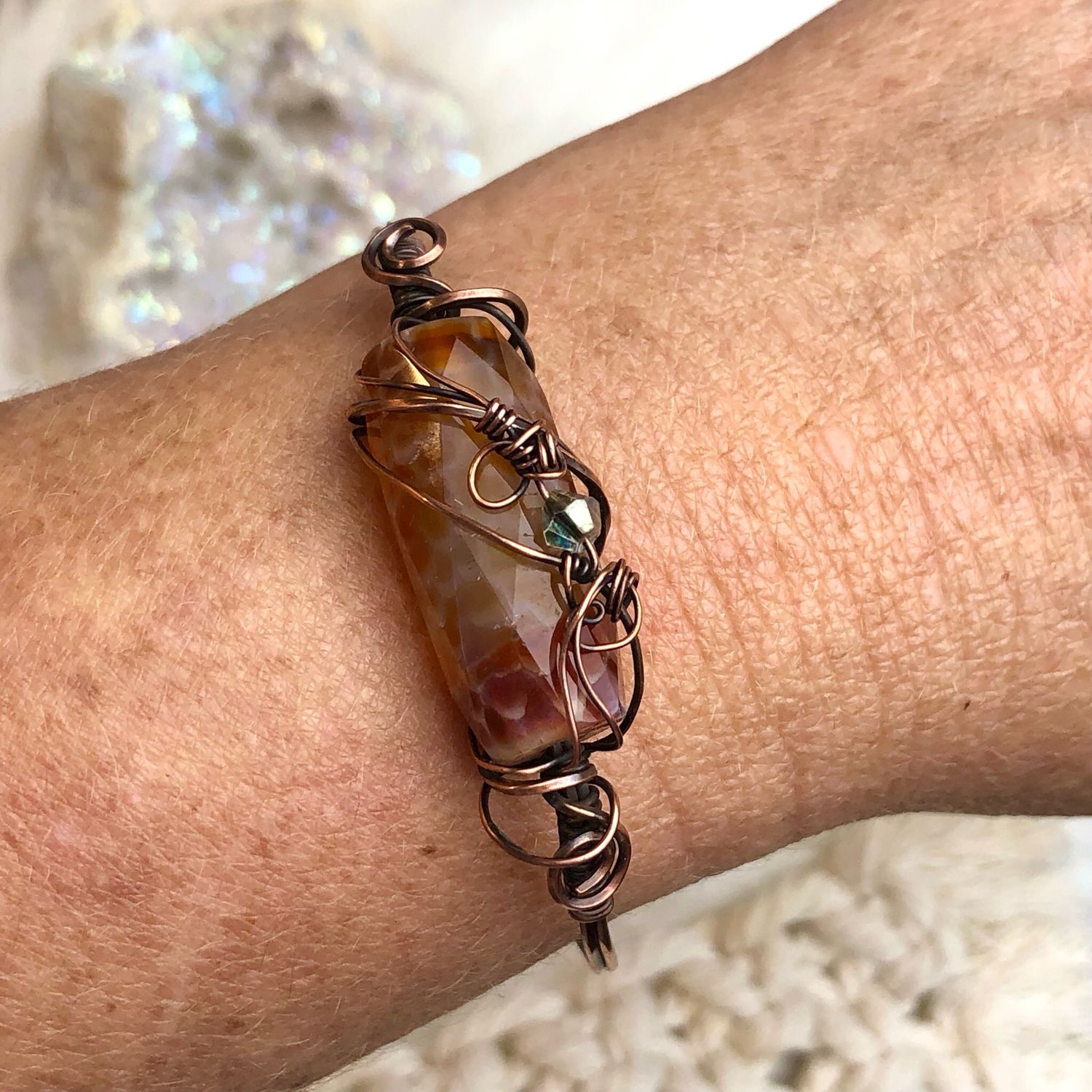FIRE AGATE - Gemstone Adjustable Copper Bangle