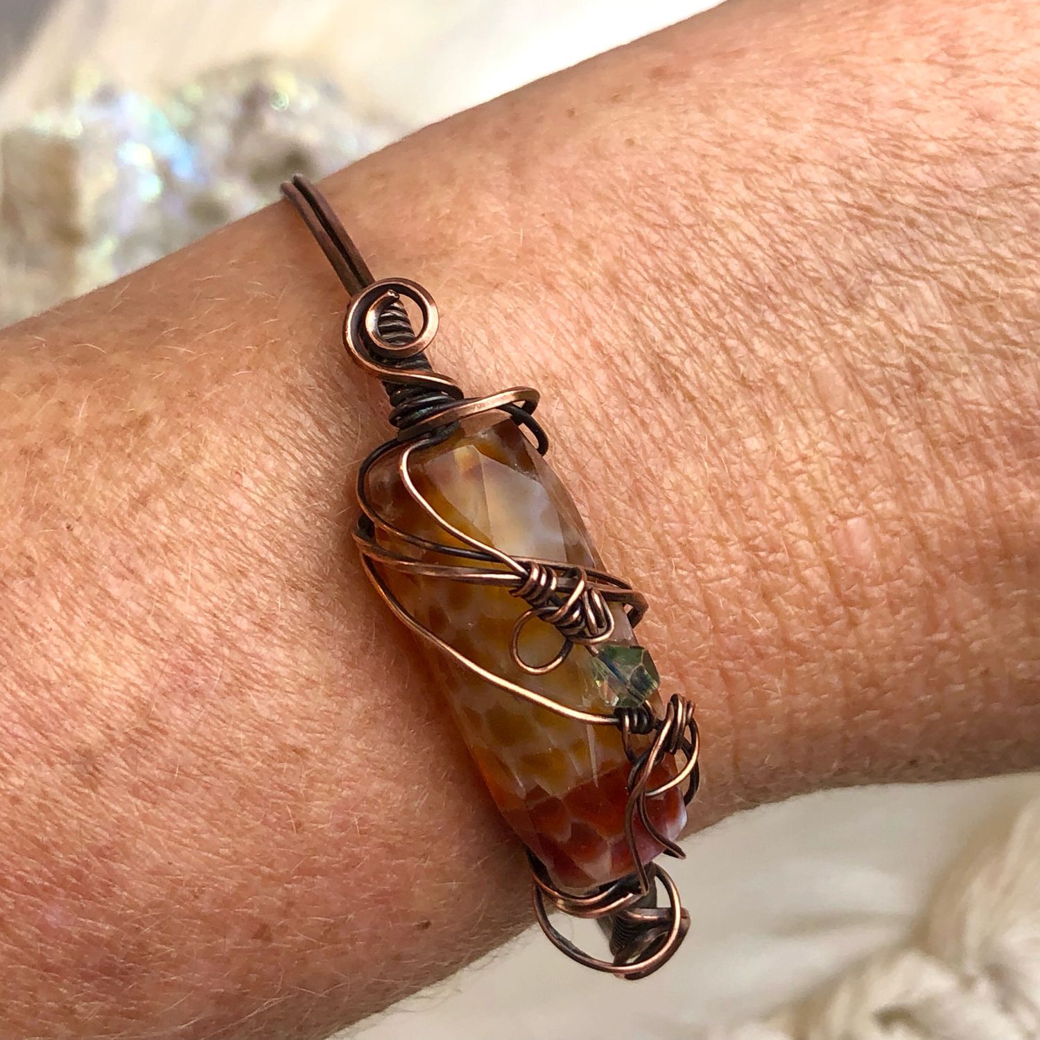 FIRE AGATE - Gemstone Adjustable Copper Bangle