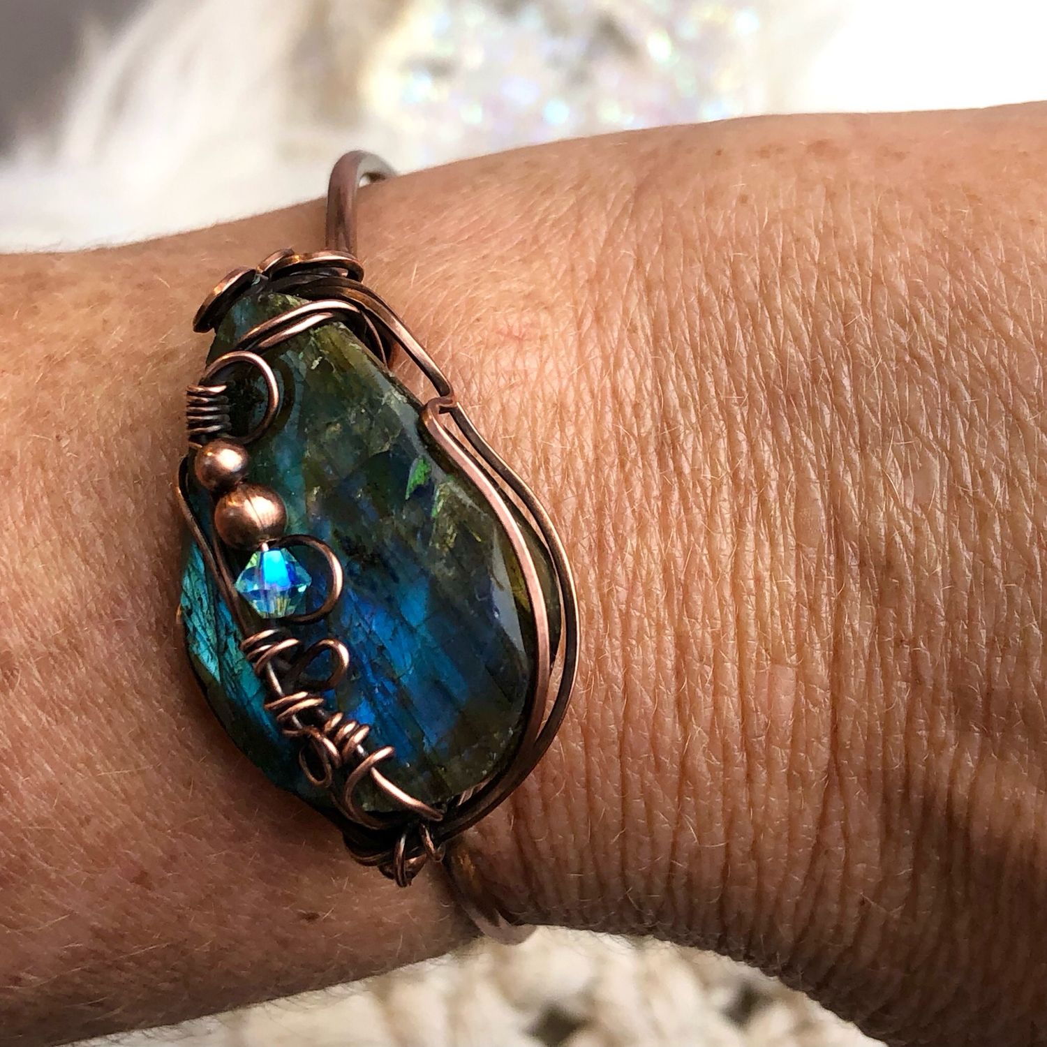 LABRADORITE - Gemstone Adjustable Copper Bangle