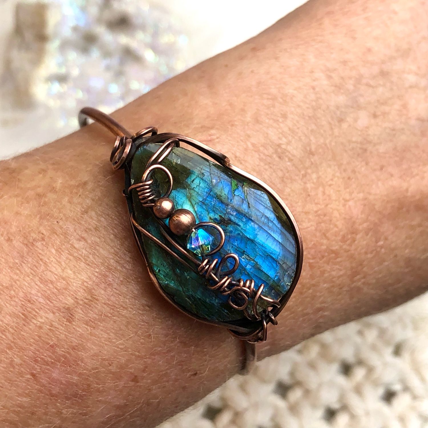 LABRADORITE - Gemstone Adjustable Copper Bangle