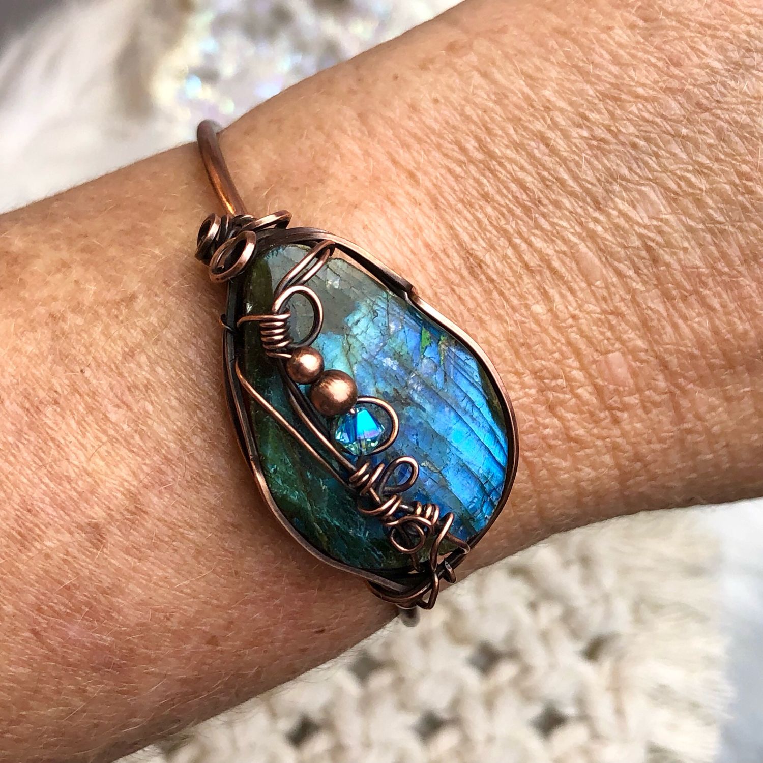 LABRADORITE - Gemstone Adjustable Copper Bangle