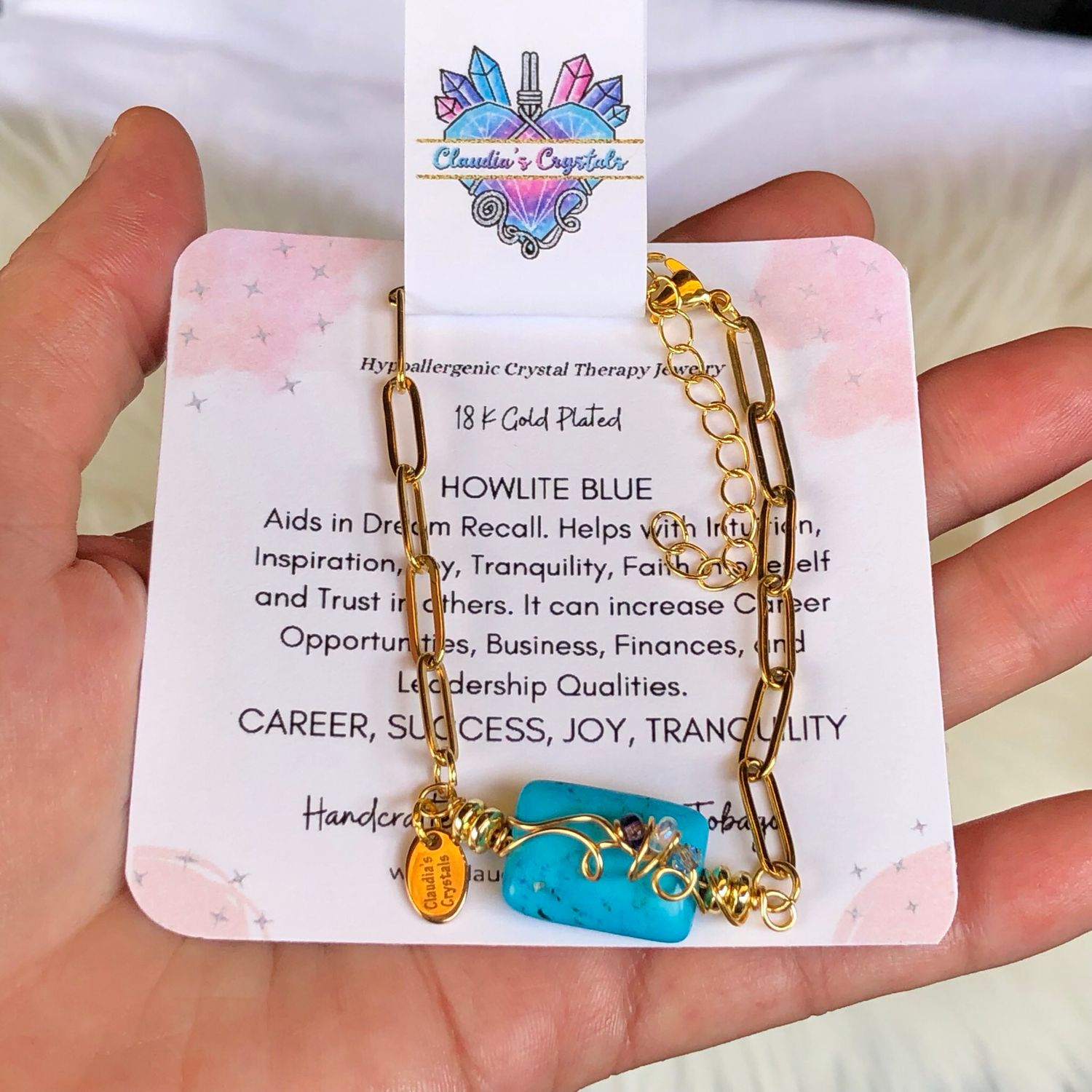 BLUE HOWLITE - Gemstone Adjustable Bracelet - 18k Gold Plated