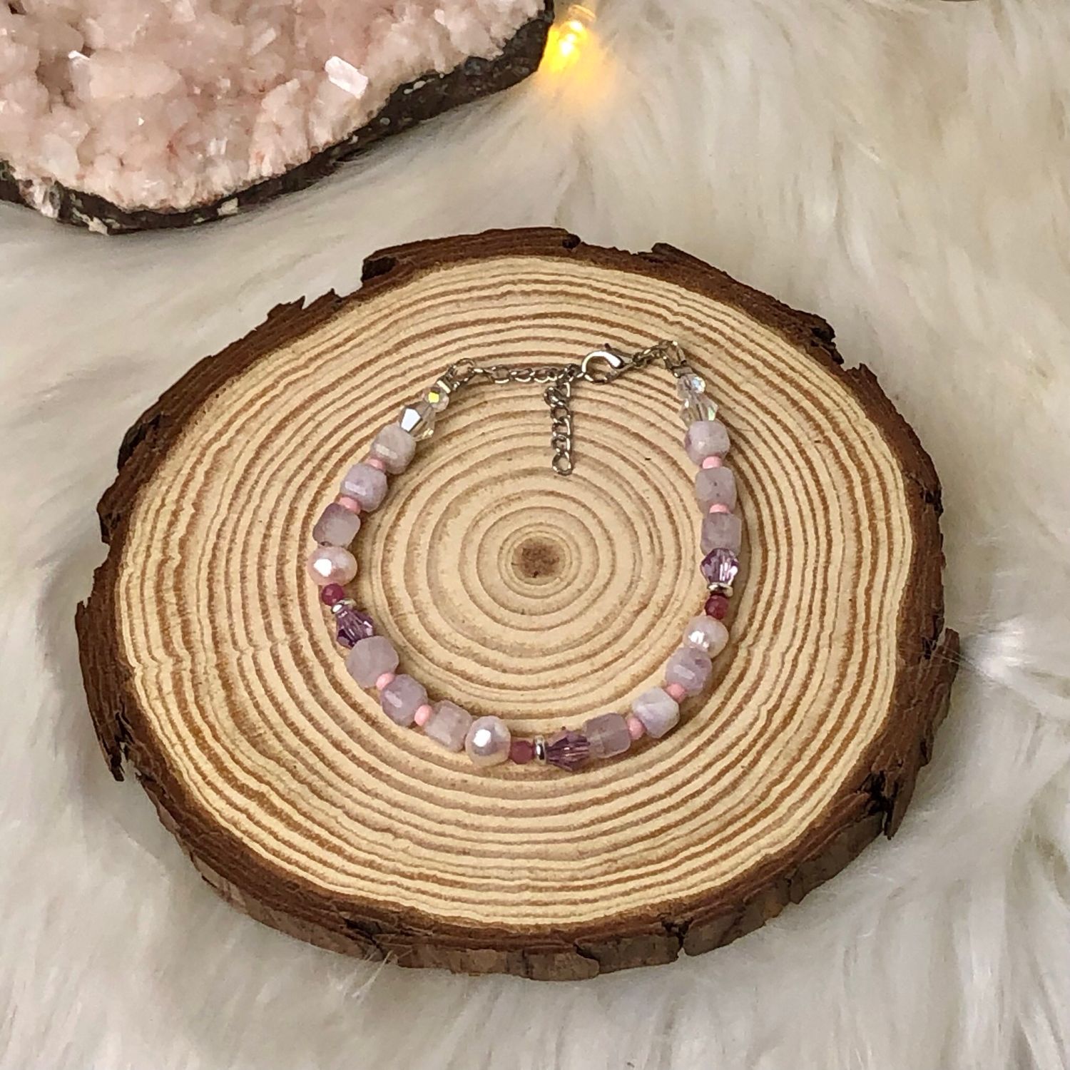 PINK KUNZITE, PINK TOURMALINE &amp; PEARLS - Adjustable Crystal Therapy Bracelet