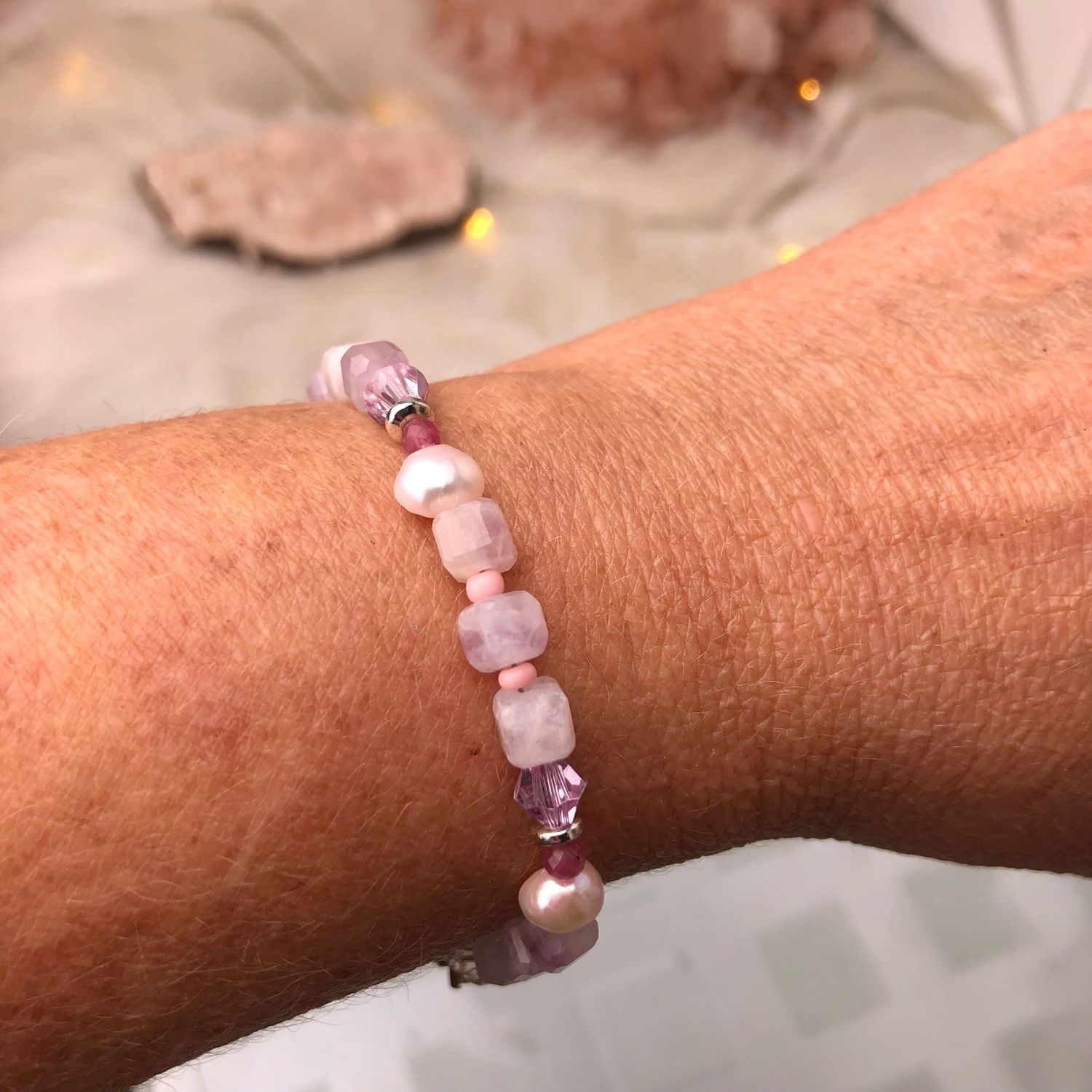 PINK KUNZITE, PINK TOURMALINE &amp; PEARLS - Adjustable Crystal Therapy Bracelet