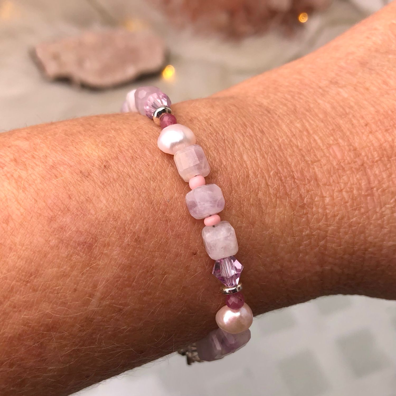 PINK KUNZITE, PINK TOURMALINE &amp; PEARLS - Adjustable Crystal Therapy Bracelet