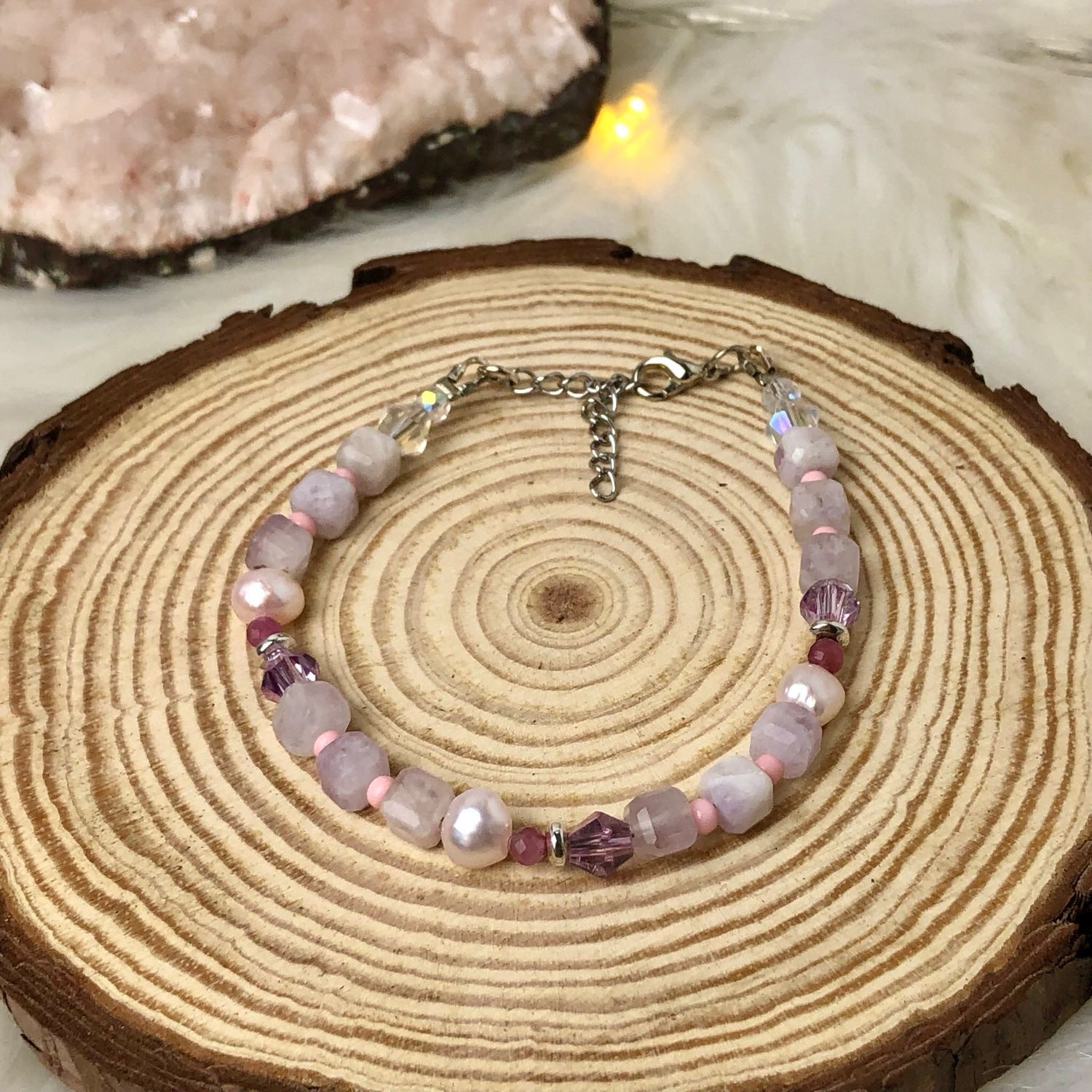 PINK KUNZITE, PINK TOURMALINE &amp; PEARLS - Adjustable Crystal Therapy Bracelet