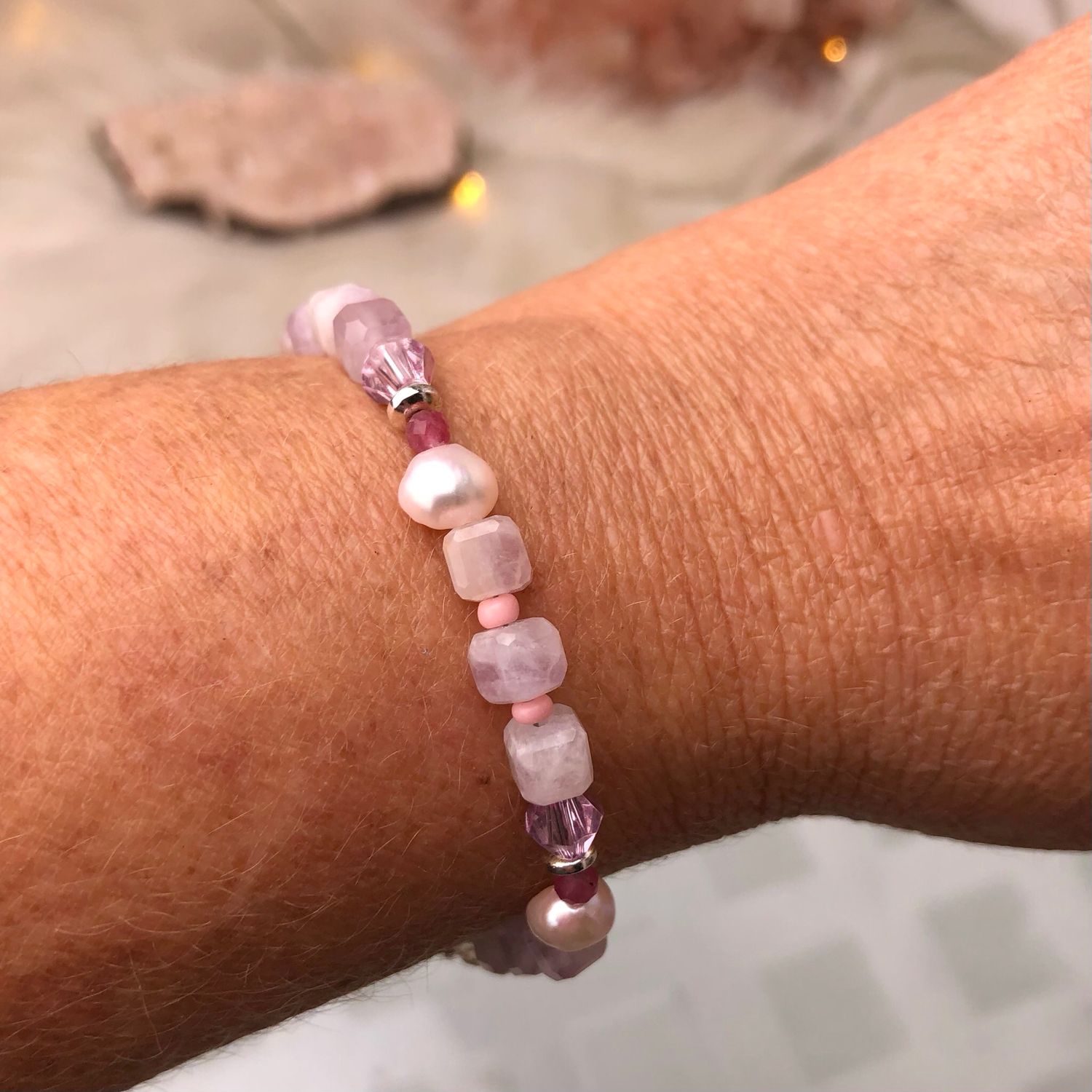 PINK KUNZITE, PINK TOURMALINE &amp; PEARLS - Adjustable Crystal Therapy Bracelet