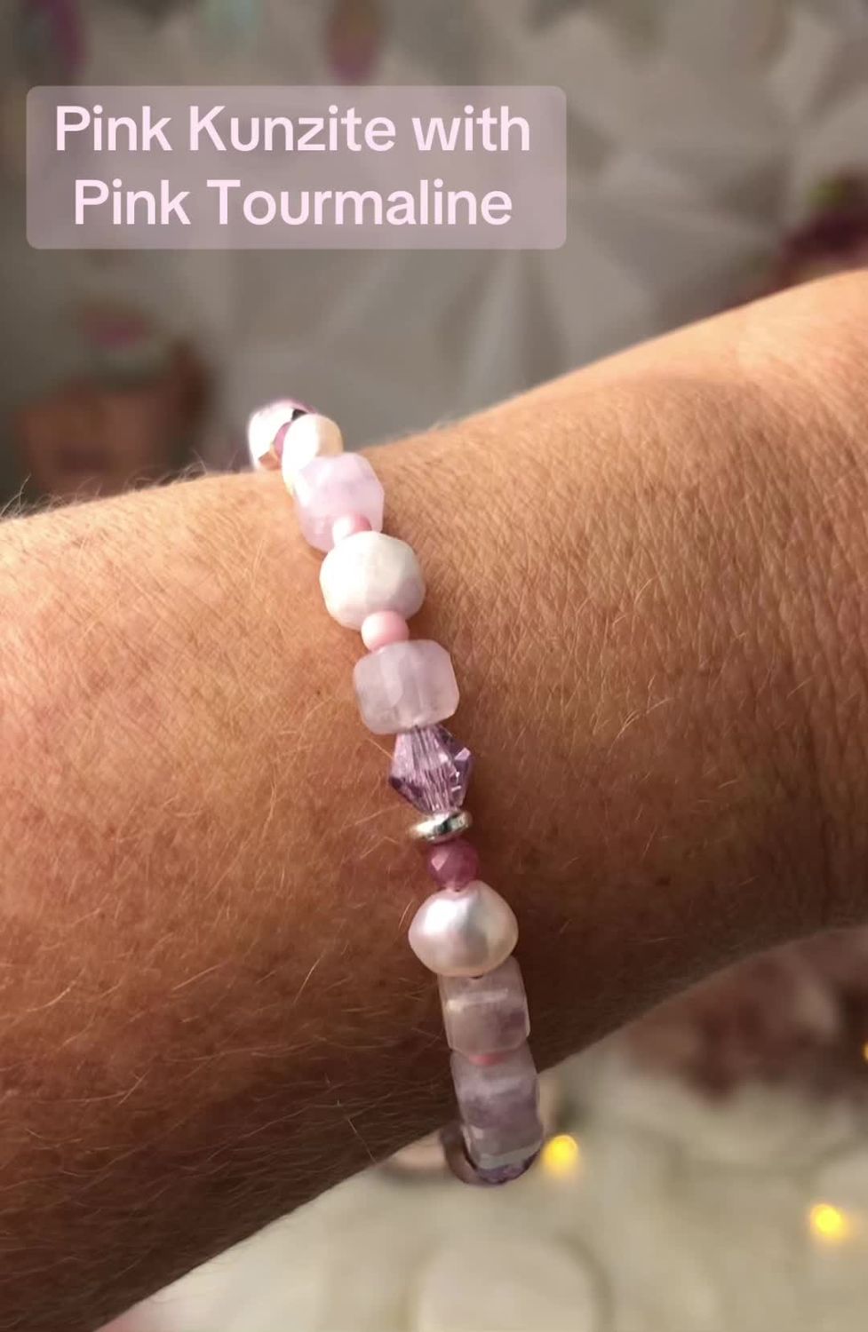 PINK KUNZITE, PINK TOURMALINE &amp; PEARLS - Adjustable Crystal Therapy Bracelet