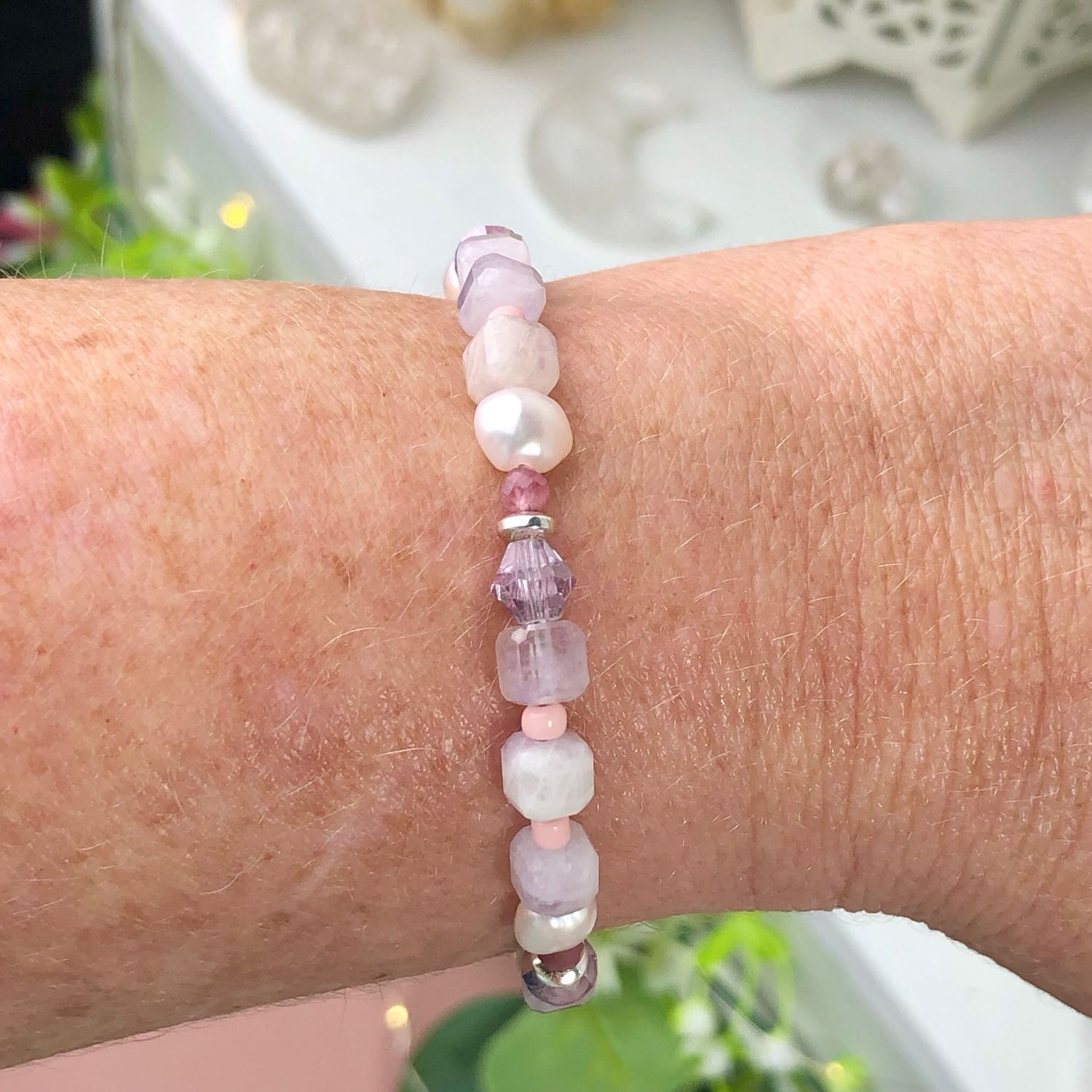 PINK KUNZITE, PINK TOURMALINE &amp; PEARLS - Adjustable Crystal Therapy Bracelet