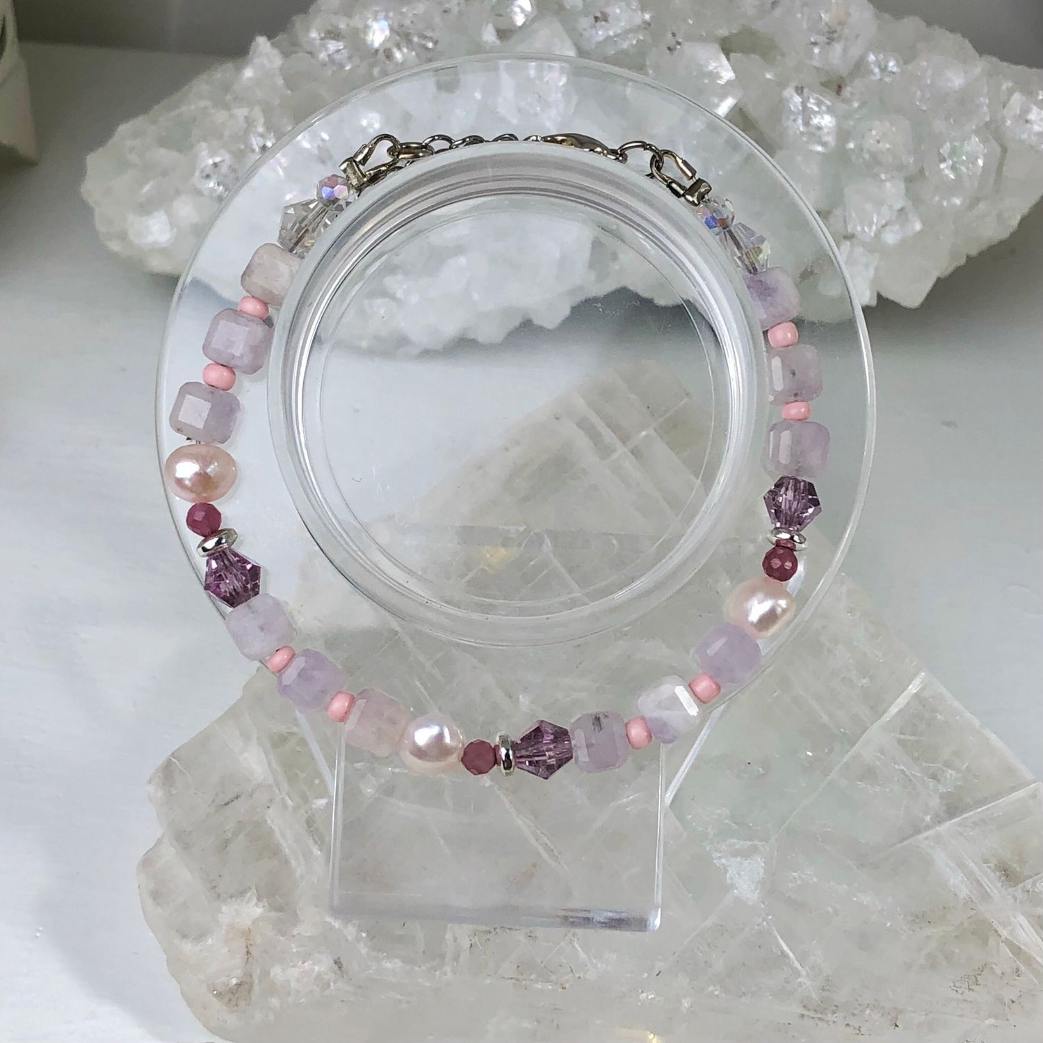 PINK KUNZITE, PINK TOURMALINE &amp; PEARLS - Adjustable Crystal Therapy Bracelet