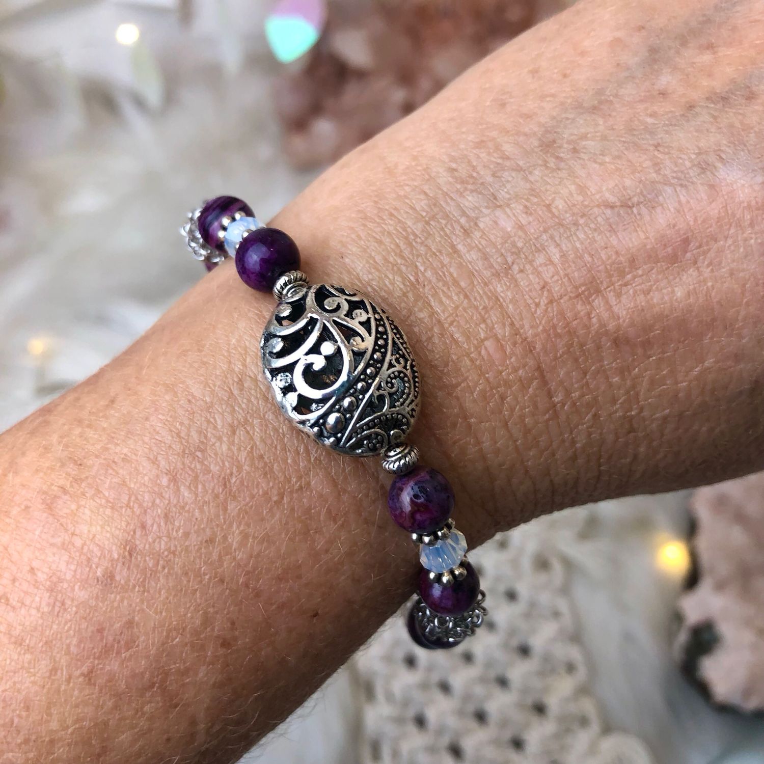 PURPLE CRAZY LACE AGATE - Adjustable Crystal Therapy Bracelet - Silver Plated