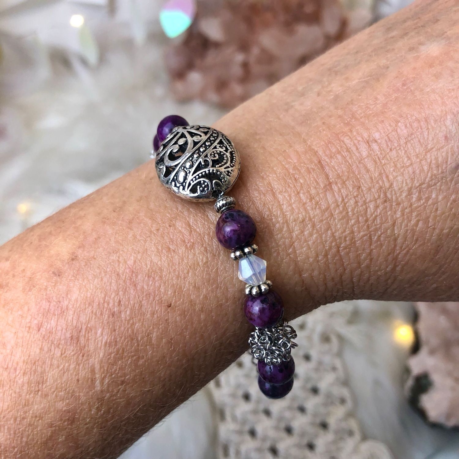 PURPLE CRAZY LACE AGATE - Adjustable Crystal Therapy Bracelet - Silver Plated