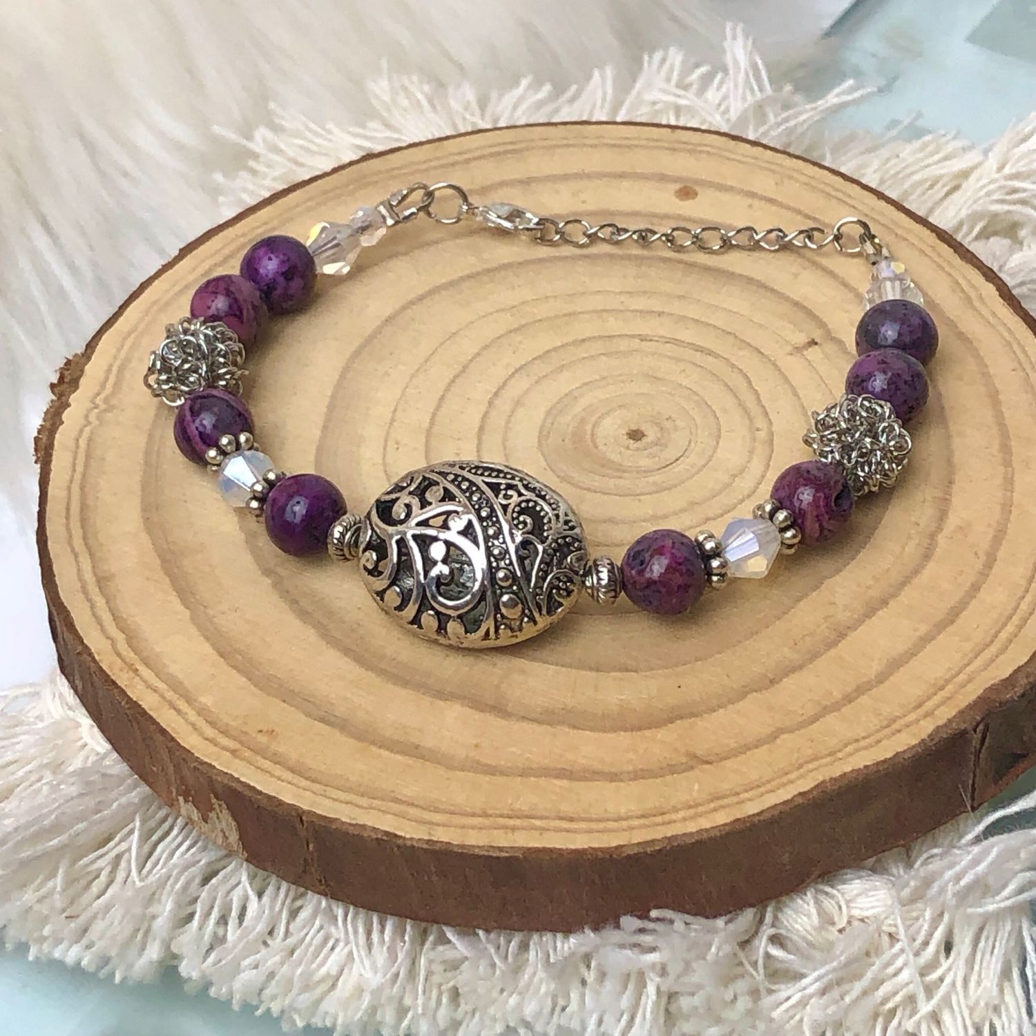 PURPLE CRAZY LACE AGATE - Adjustable Crystal Therapy Bracelet - Silver Plated
