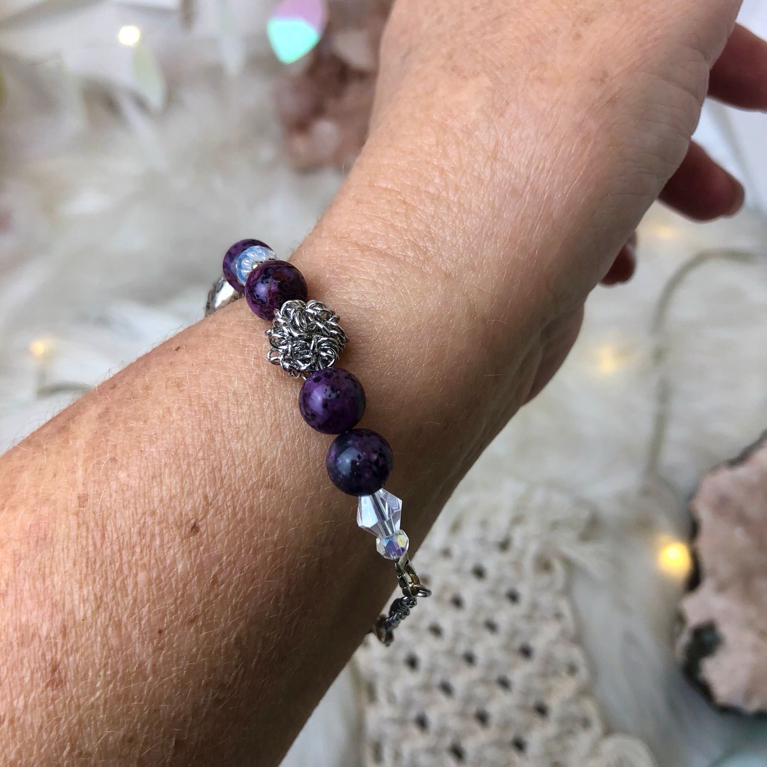 PURPLE CRAZY LACE AGATE - Adjustable Crystal Therapy Bracelet - Silver Plated