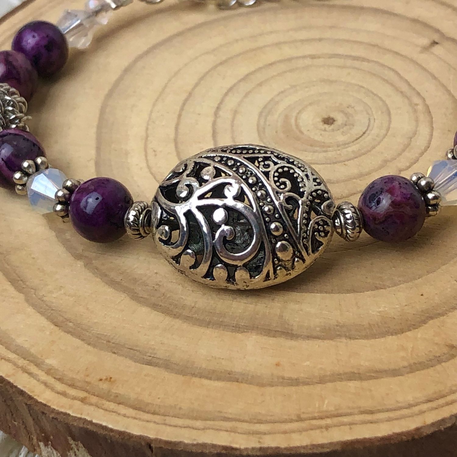 PURPLE CRAZY LACE AGATE - Adjustable Crystal Therapy Bracelet - Silver Plated