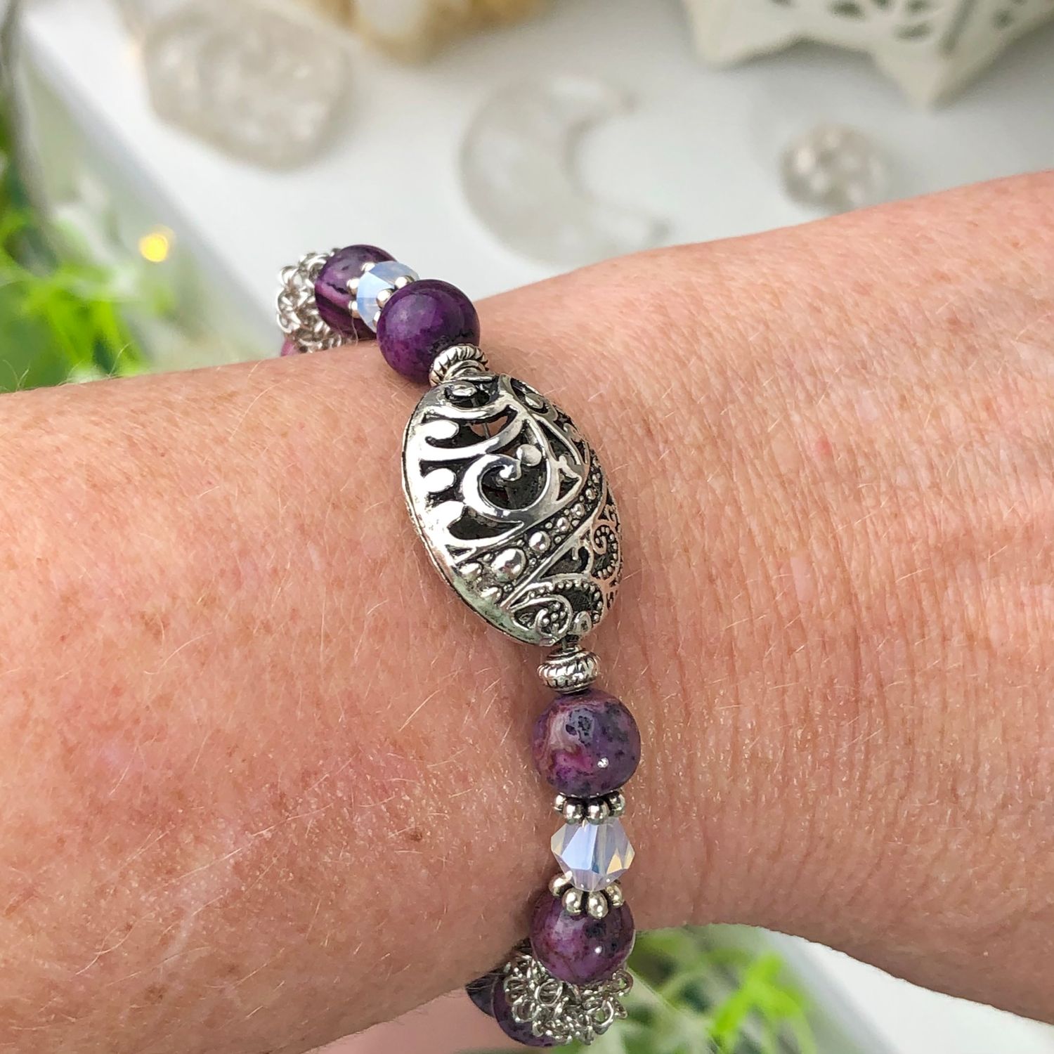 PURPLE CRAZY LACE AGATE - Adjustable Crystal Therapy Bracelet - Silver Plated