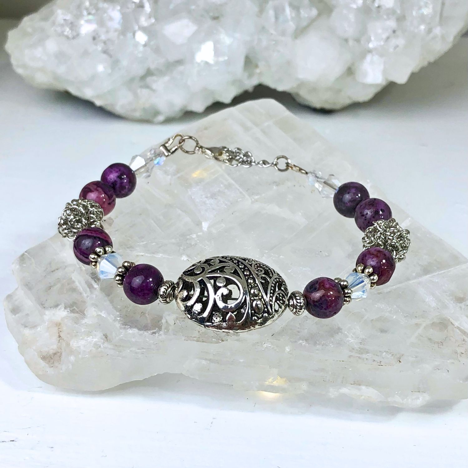 PURPLE CRAZY LACE AGATE - Adjustable Crystal Therapy Bracelet - Silver Plated