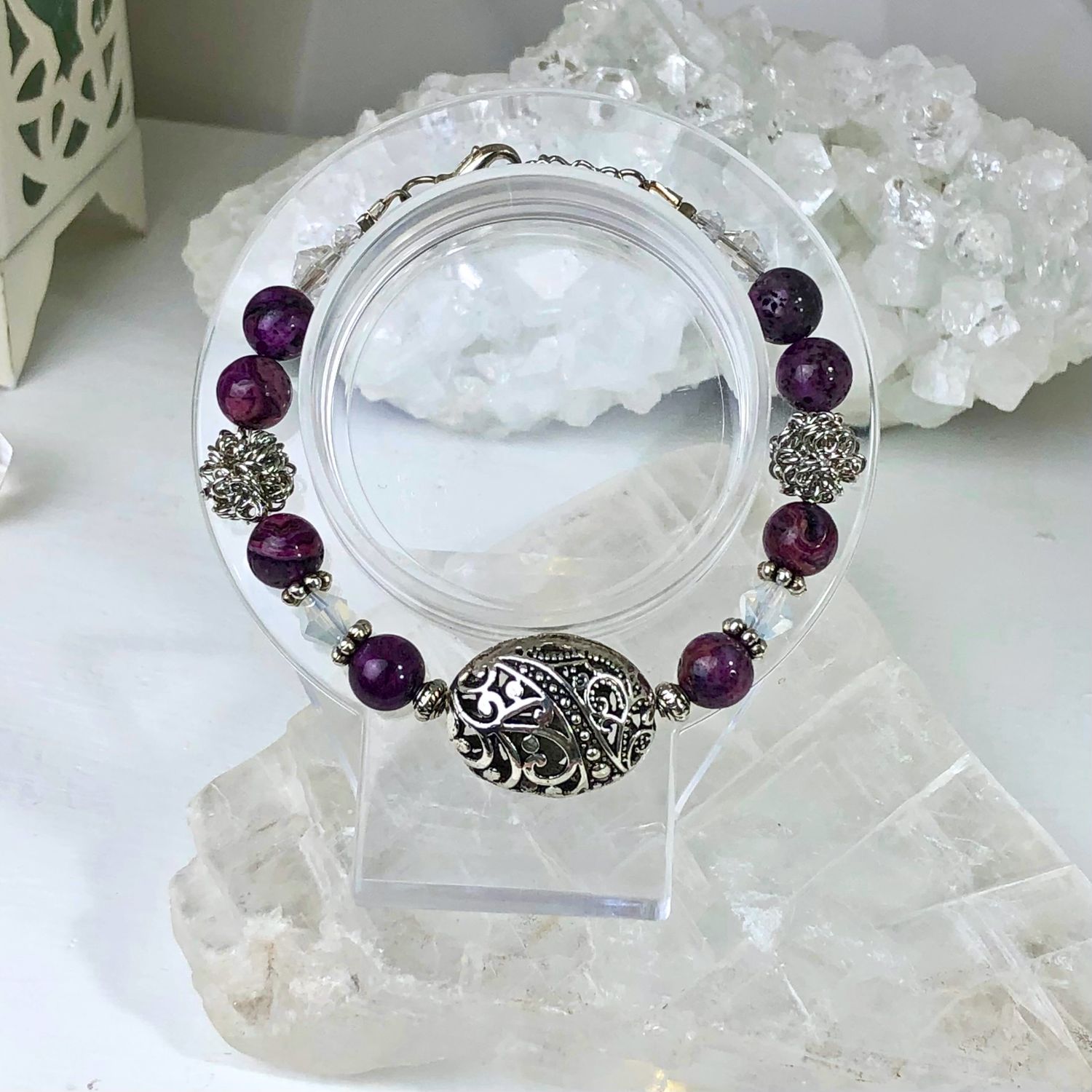 PURPLE CRAZY LACE AGATE - Adjustable Crystal Therapy Bracelet - Silver Plated