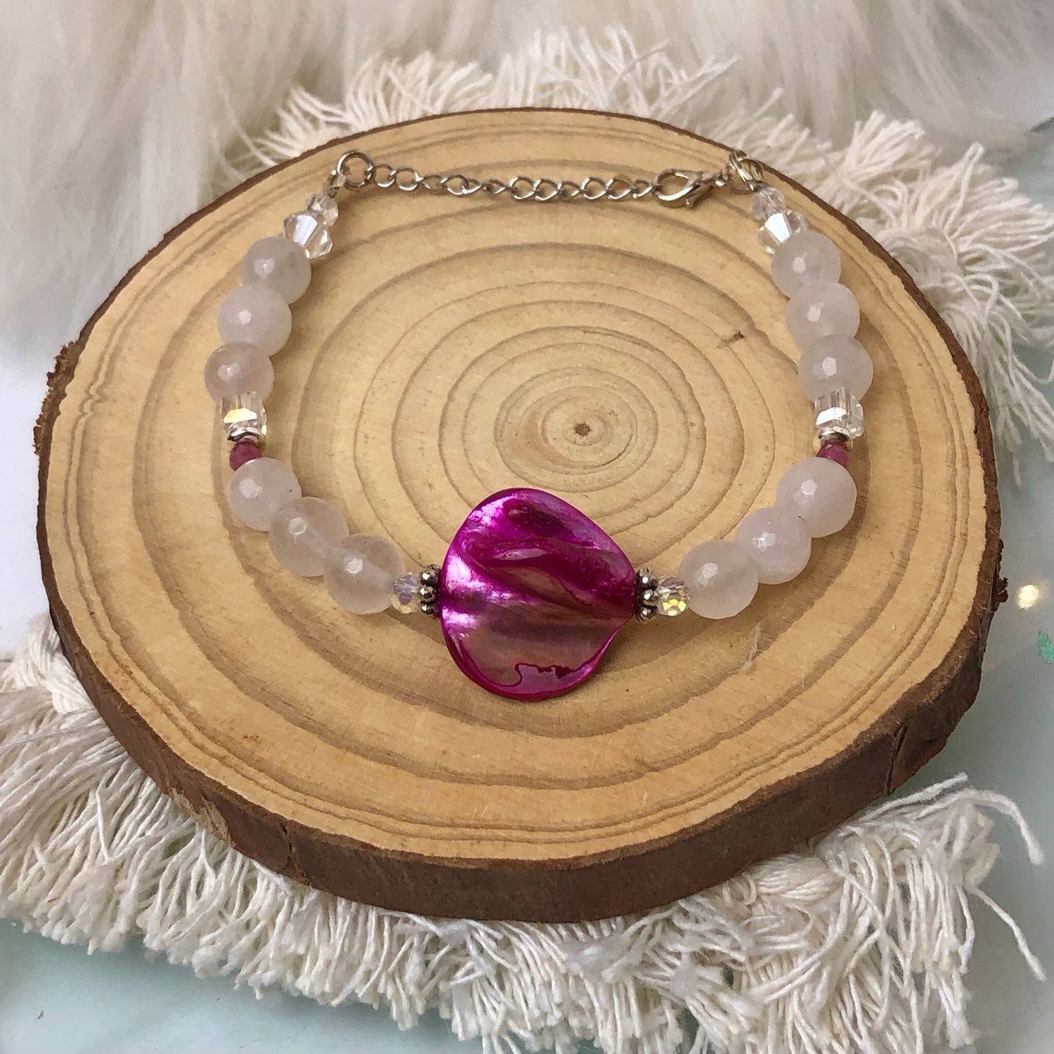 ROSE QUARTZ WITH SHELL &amp; PINK TOURMALINE - Adjustable Crystal Therapy Bracelet