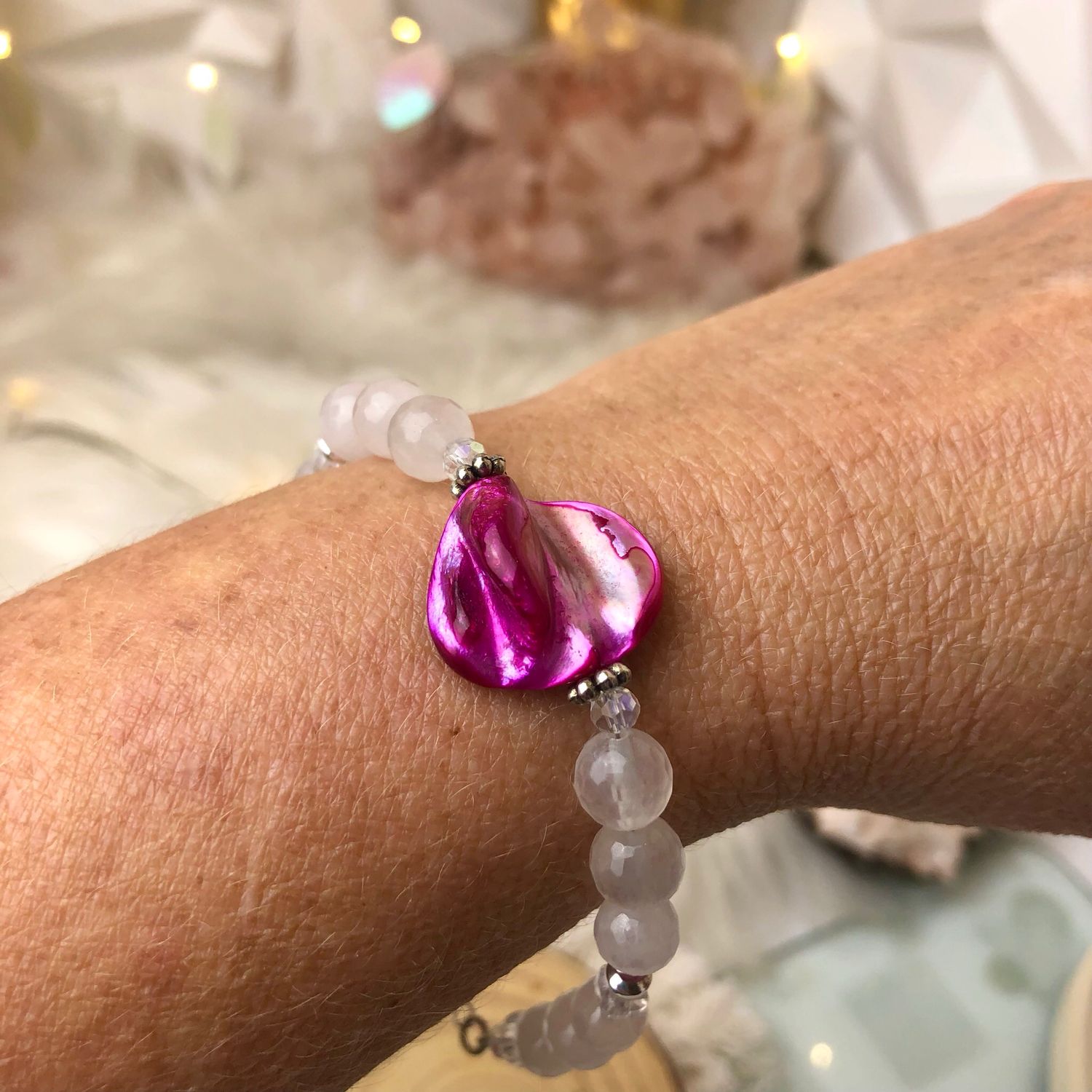 ROSE QUARTZ WITH SHELL &amp; PINK TOURMALINE - Adjustable Crystal Therapy Bracelet