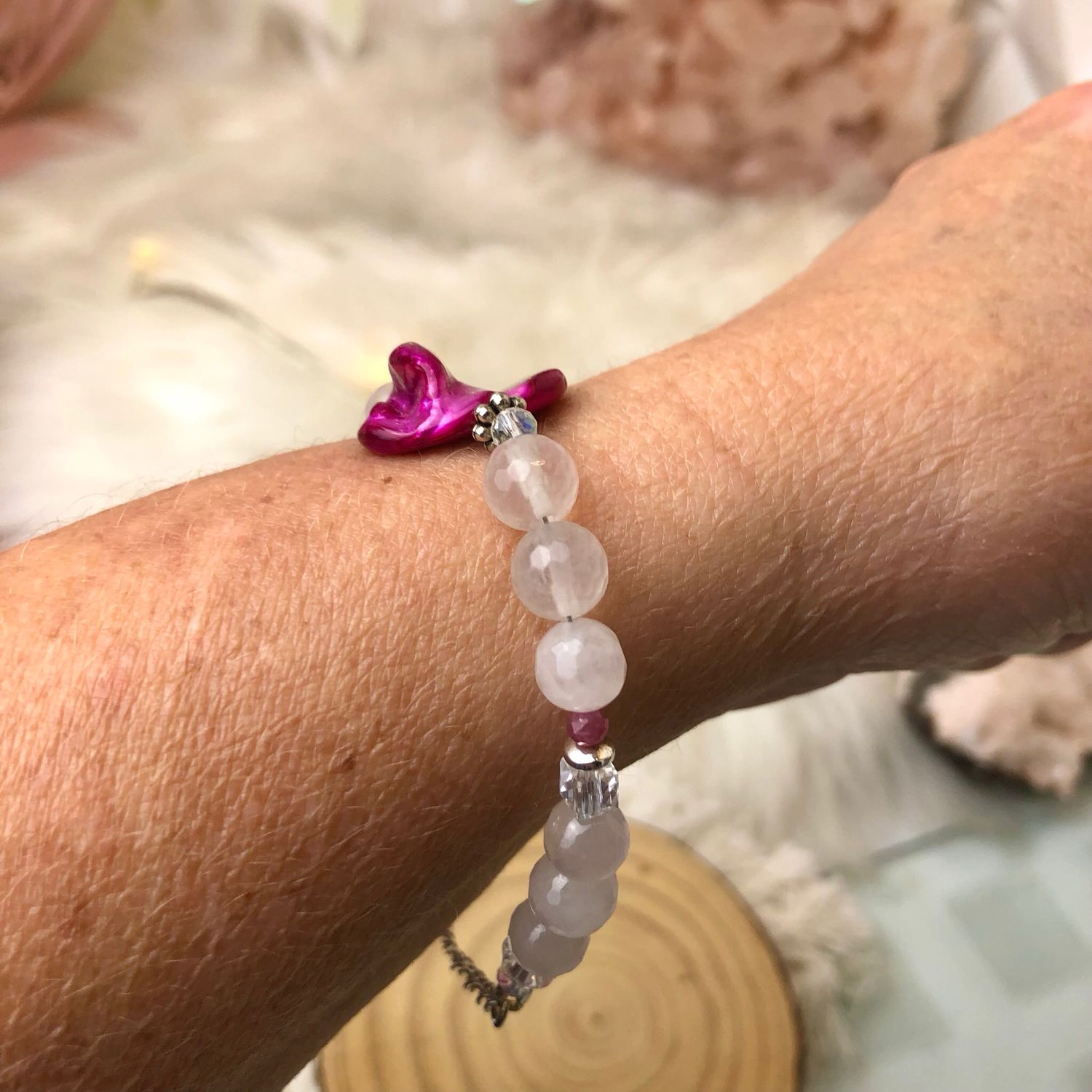 ROSE QUARTZ WITH SHELL &amp; PINK TOURMALINE - Adjustable Crystal Therapy Bracelet