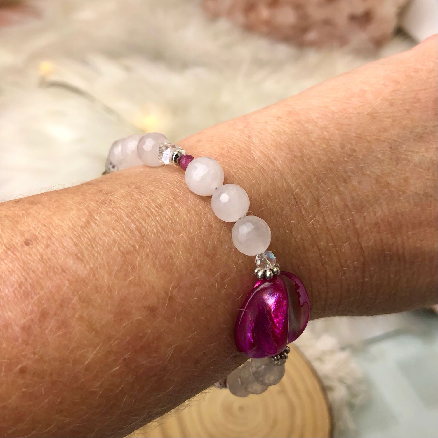 ROSE QUARTZ WITH SHELL &amp; PINK TOURMALINE - Adjustable Crystal Therapy Bracelet