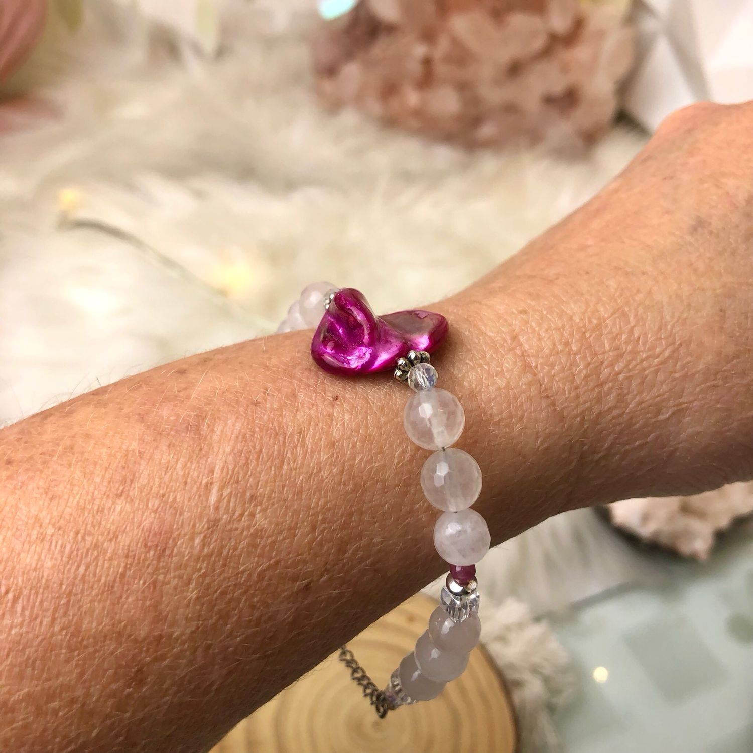 ROSE QUARTZ WITH SHELL &amp; PINK TOURMALINE - Adjustable Crystal Therapy Bracelet
