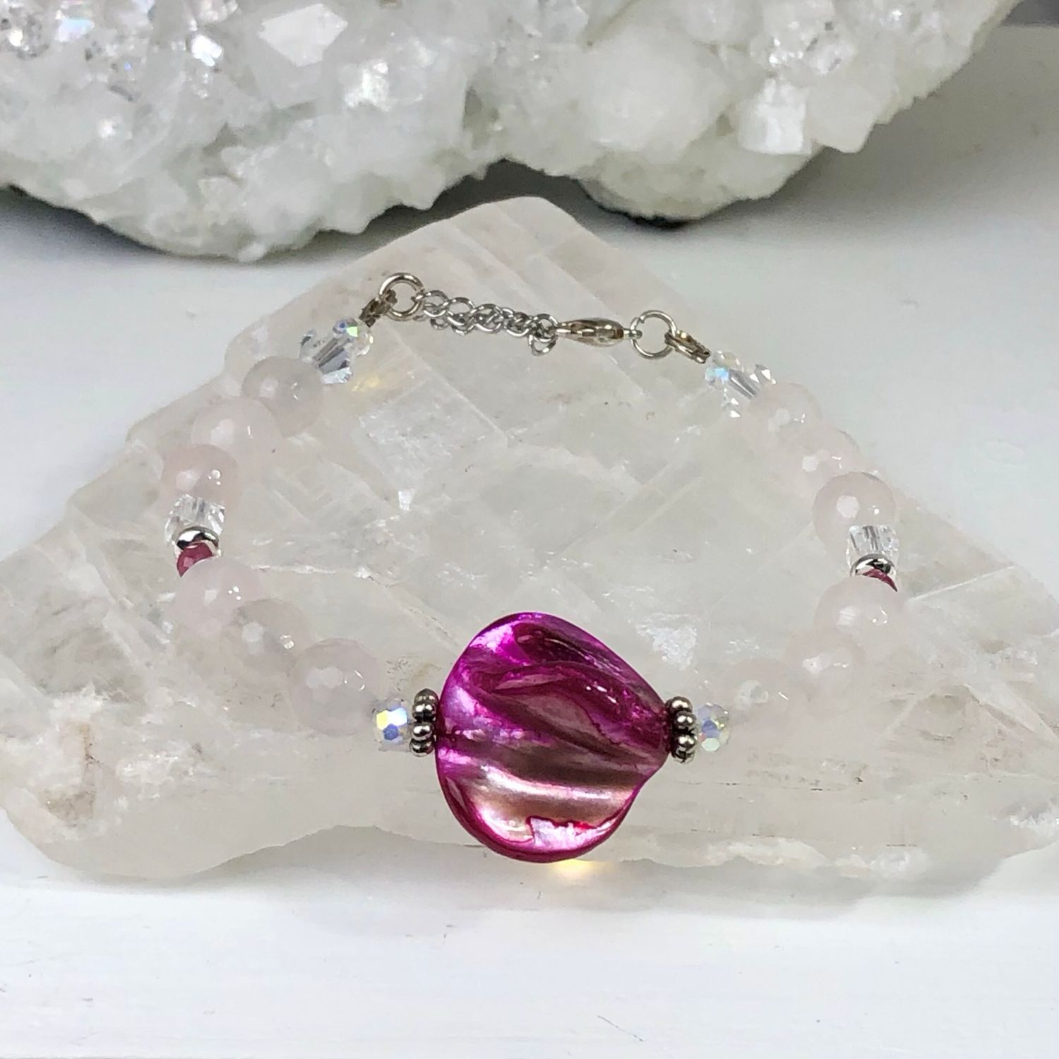 ROSE QUARTZ WITH SHELL &amp; PINK TOURMALINE - Adjustable Crystal Therapy Bracelet