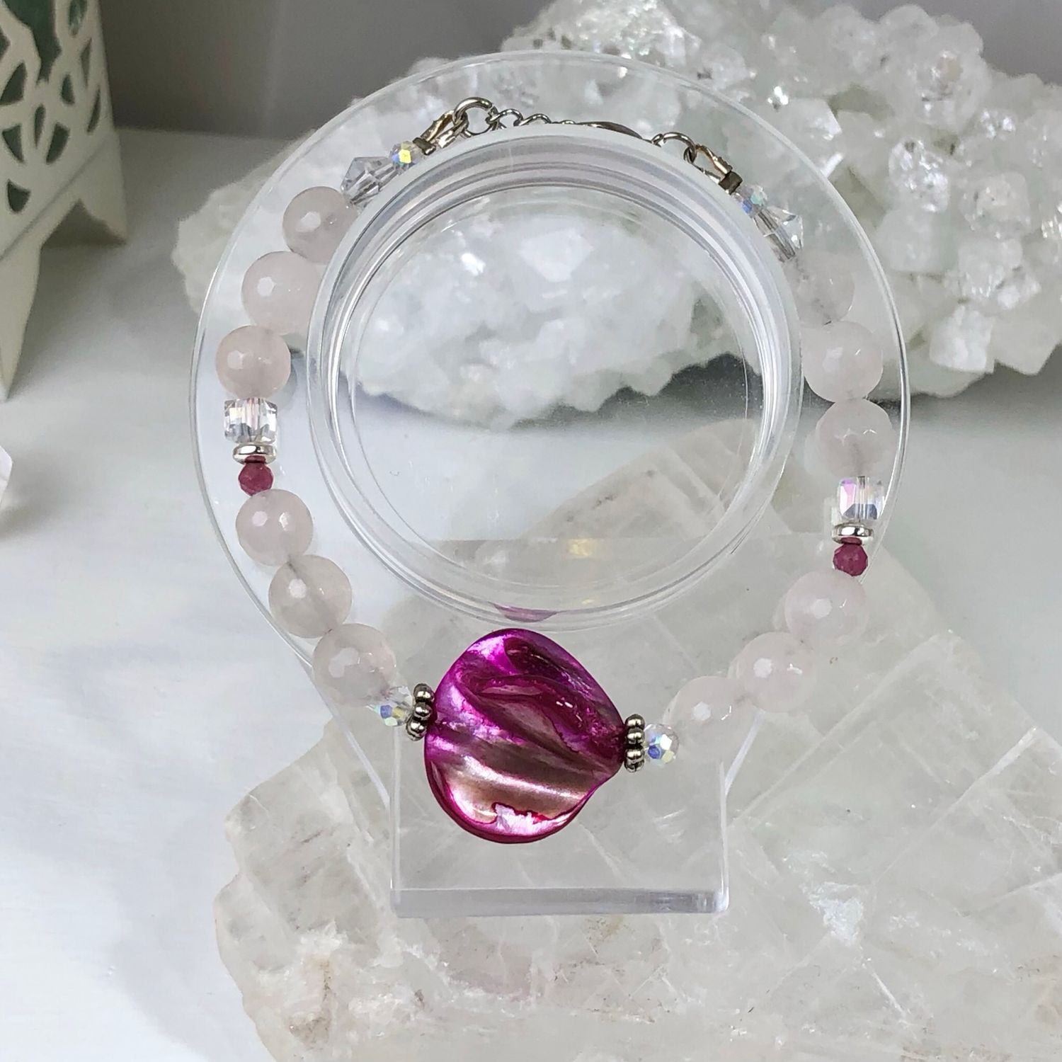 ROSE QUARTZ WITH SHELL & PINK TOURMALINE - Adjustable Crystal Therapy Bracelet ROSE QUARTZ WITH SHELL & PINK TOURMALINE - Adjustable Crystal Therapy Bracelet