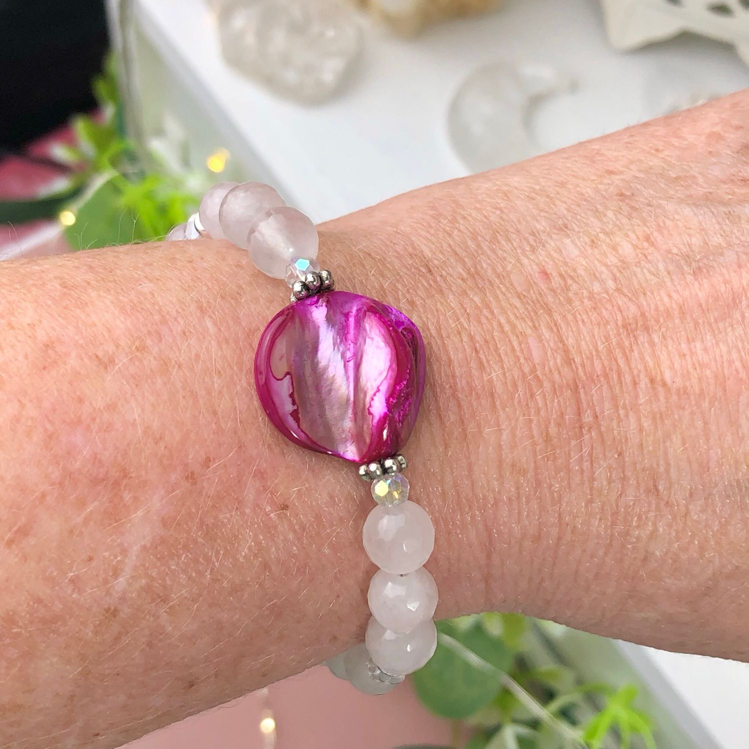 ROSE QUARTZ WITH SHELL & PINK TOURMALINE - Adjustable Crystal Therapy Bracelet ROSE QUARTZ WITH SHELL & PINK TOURMALINE - Adjustable Crystal Therapy Bracelet