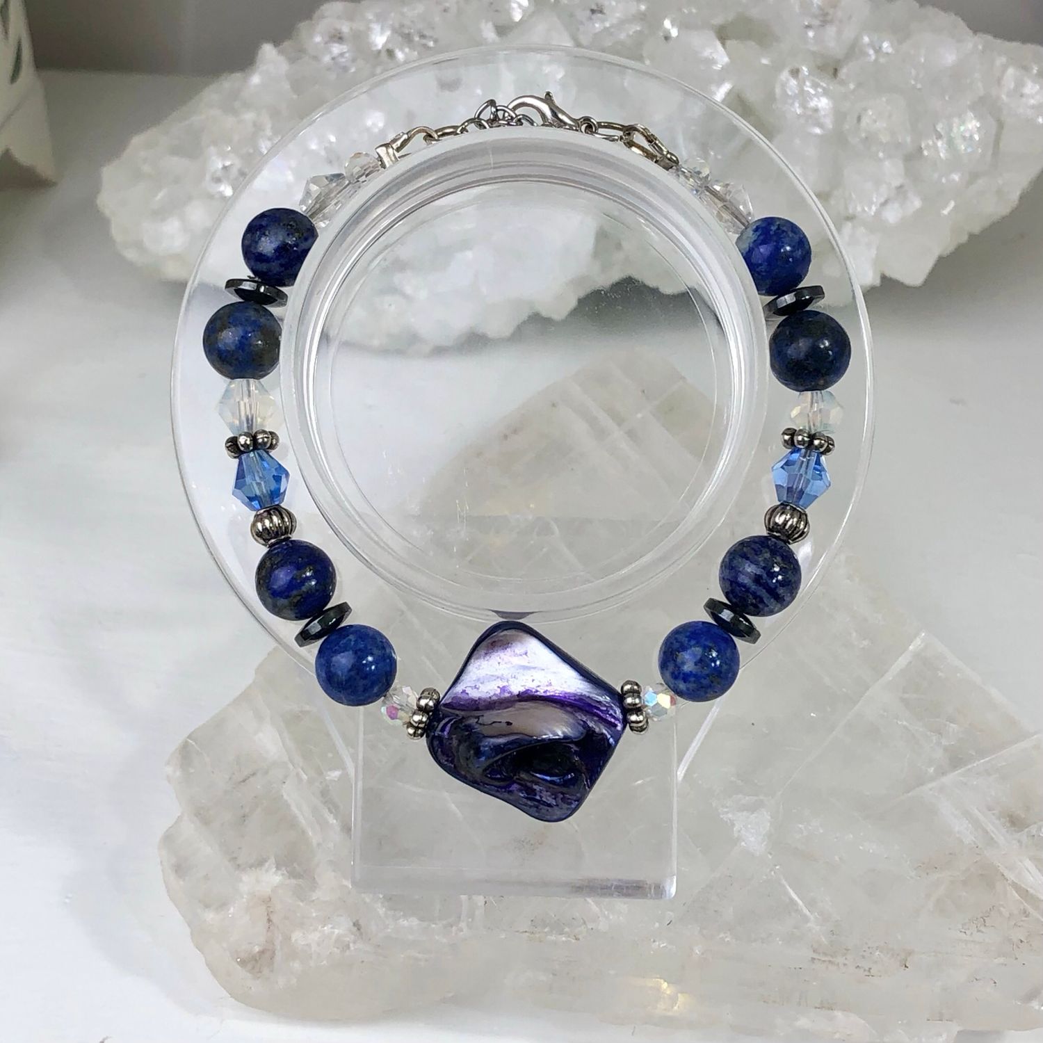 LAPIS LAZULI &amp; SHELL - Crystal Therapy Bracelet - Adjustable With Clasp