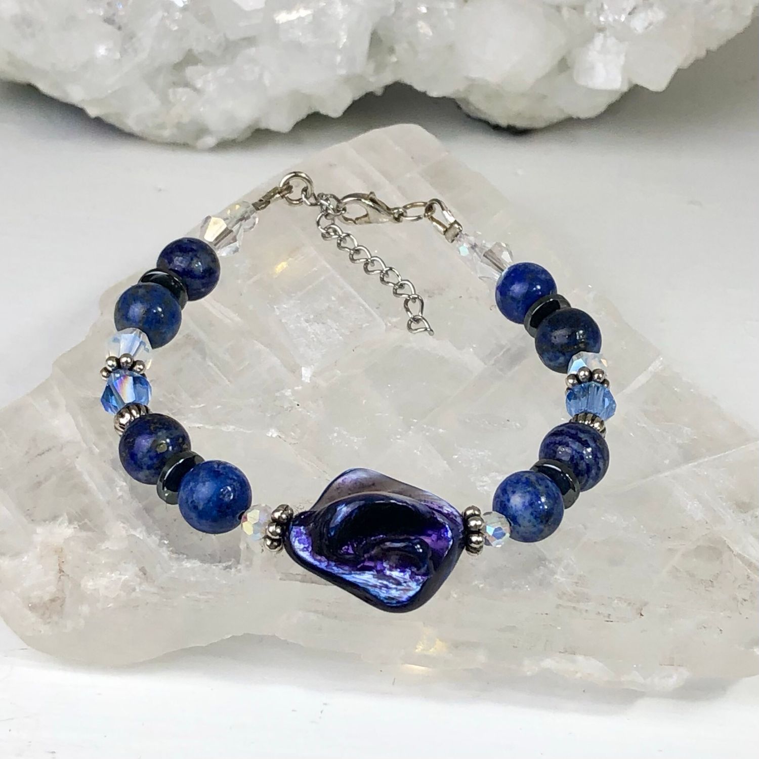 LAPIS LAZULI &amp; SHELL - Crystal Therapy Bracelet - Adjustable With Clasp