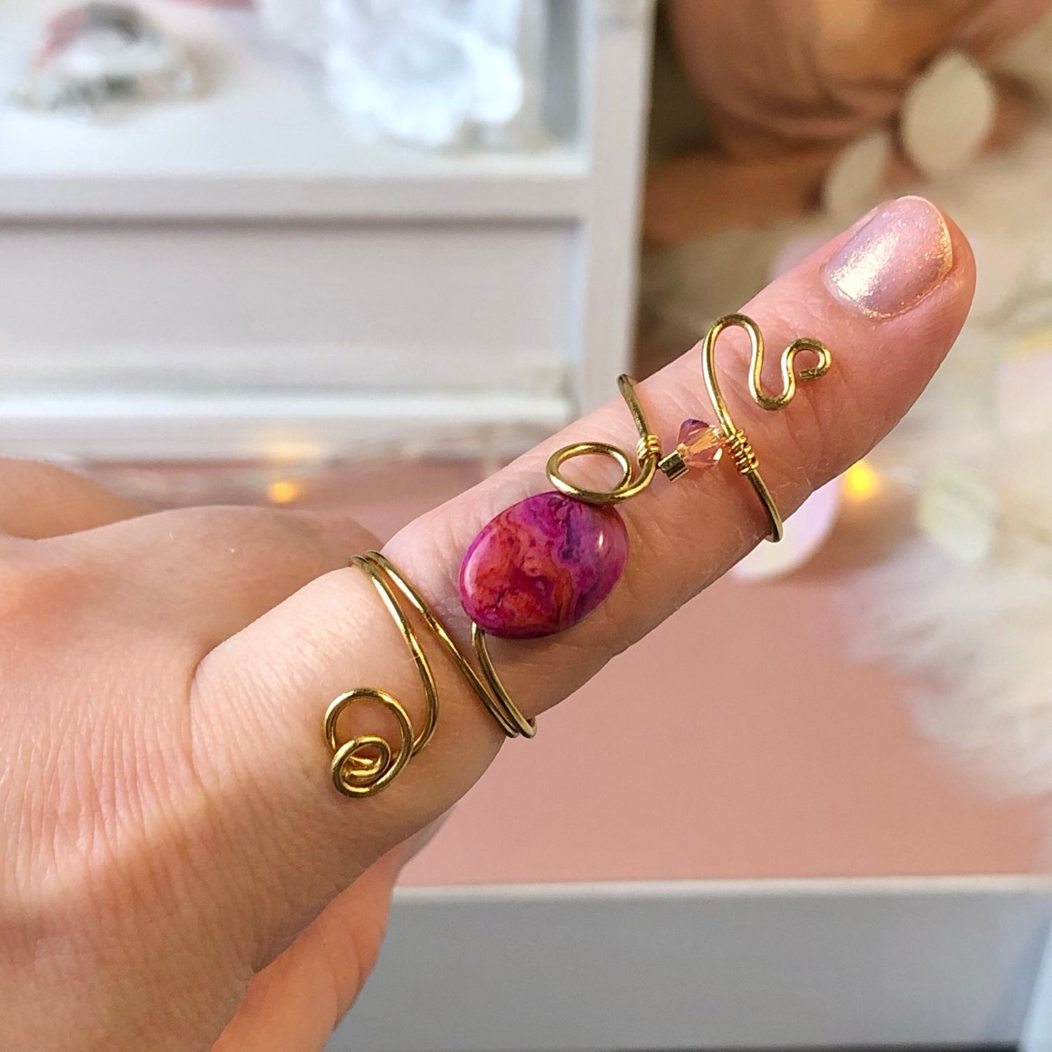 PINK CRAZY LACE AGATE - Adjustable Ring - Gold Plated