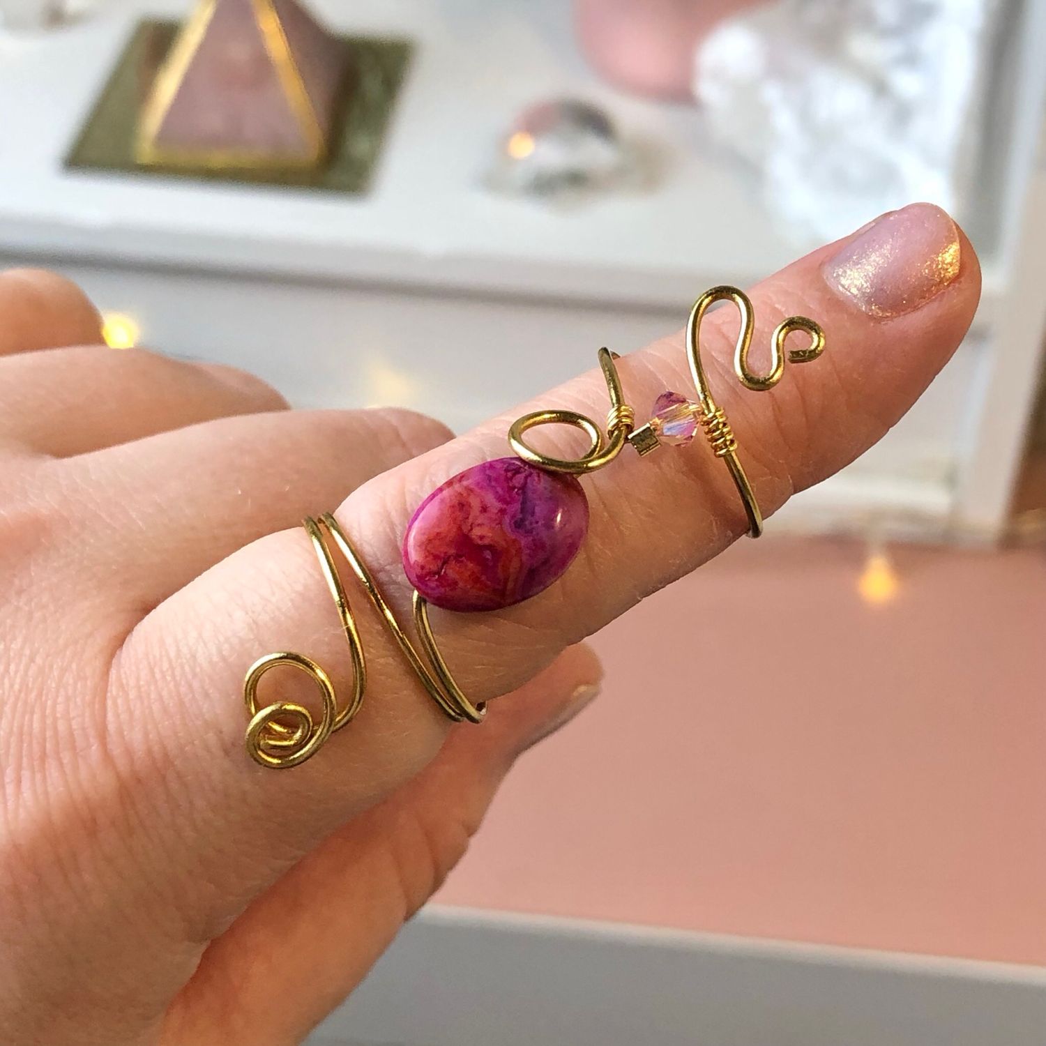 PINK CRAZY LACE AGATE - Adjustable Ring - Gold Plated