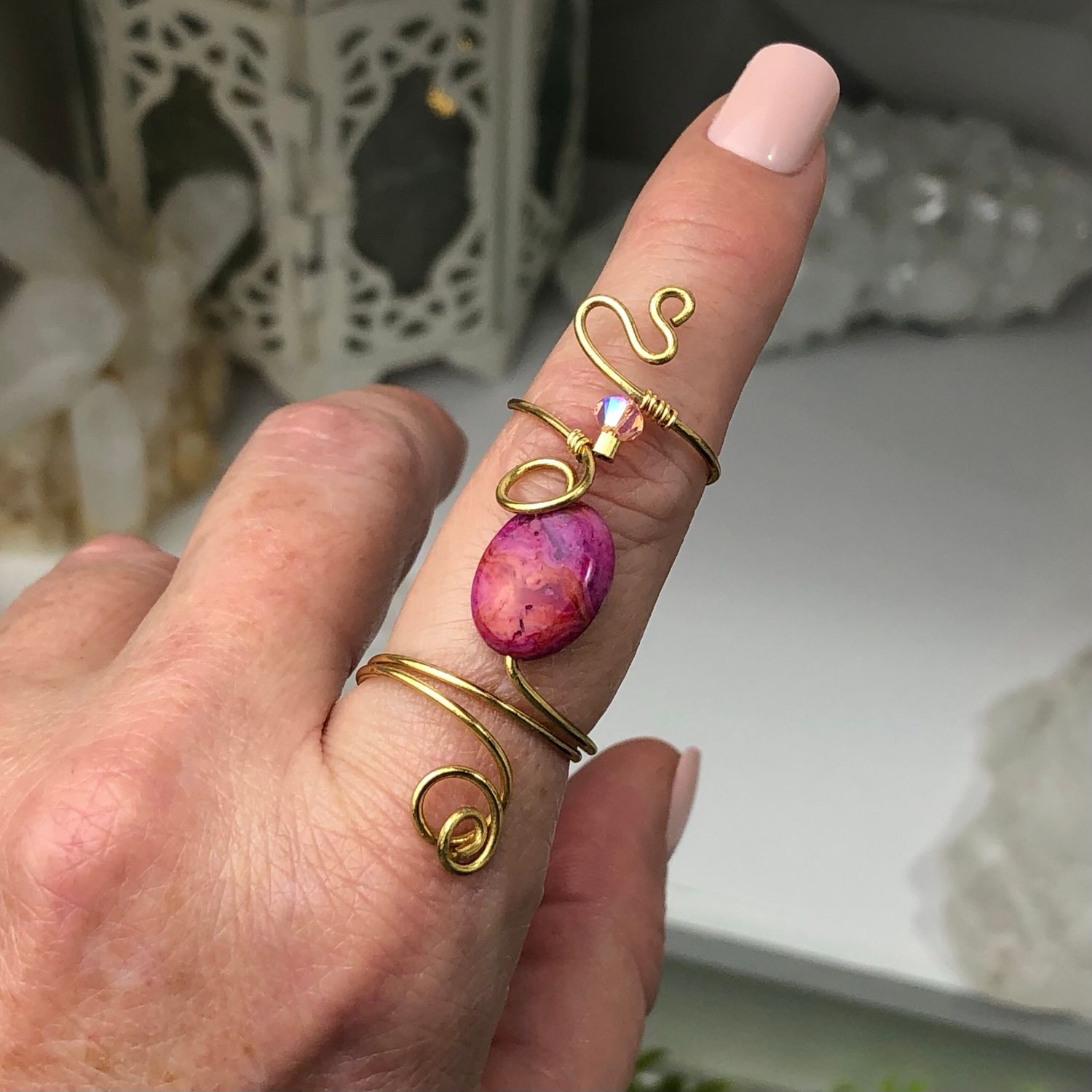 PINK CRAZY LACE AGATE - Adjustable Ring - Gold Plated